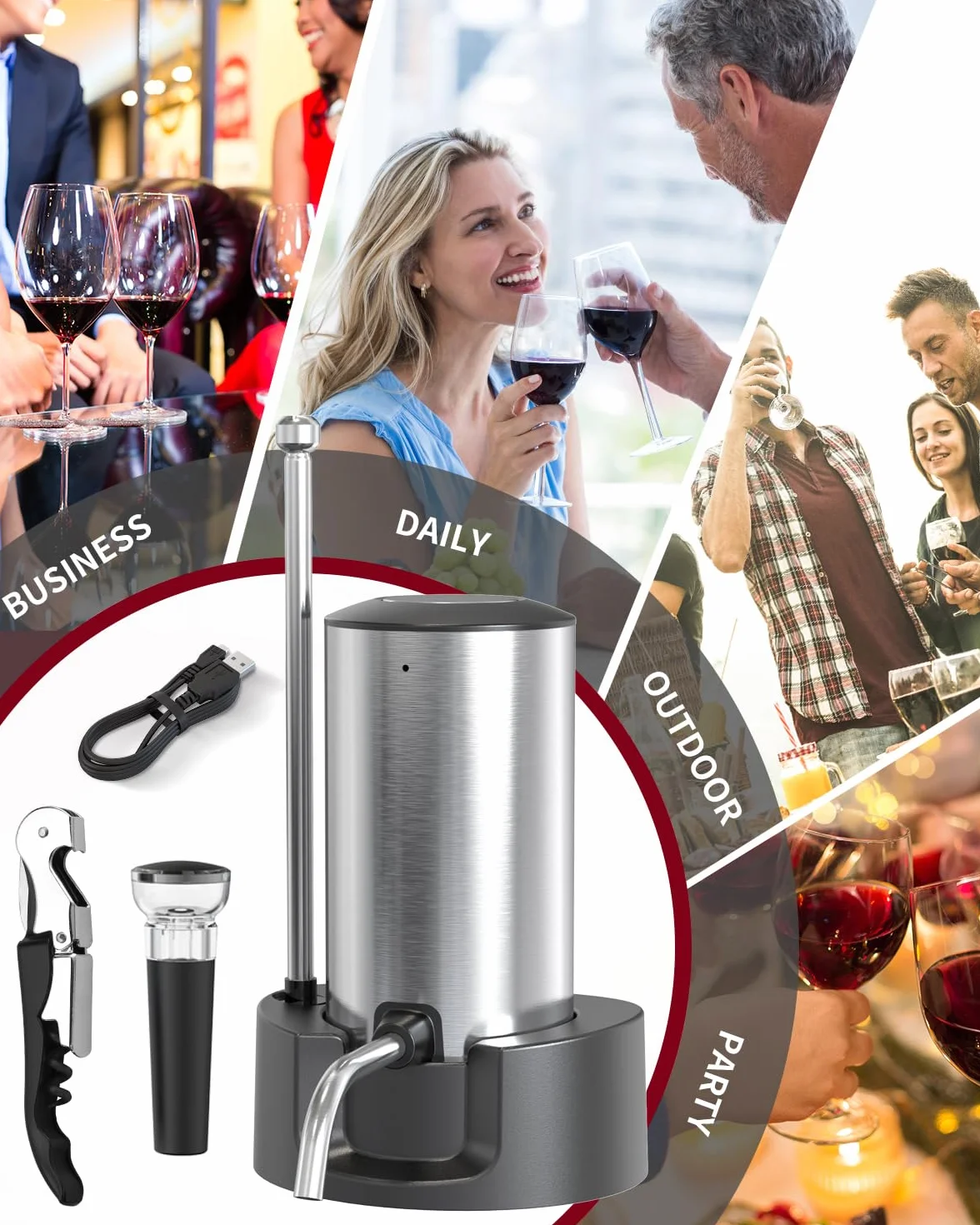 CIRCLE JOY Aeratore Elettrico per Vino, Decanter Ricaricabile con Base di Conservazione, Cavatappi e Tappo Sottovuoto, Regalo per Gli Amanti del Vino, Argento