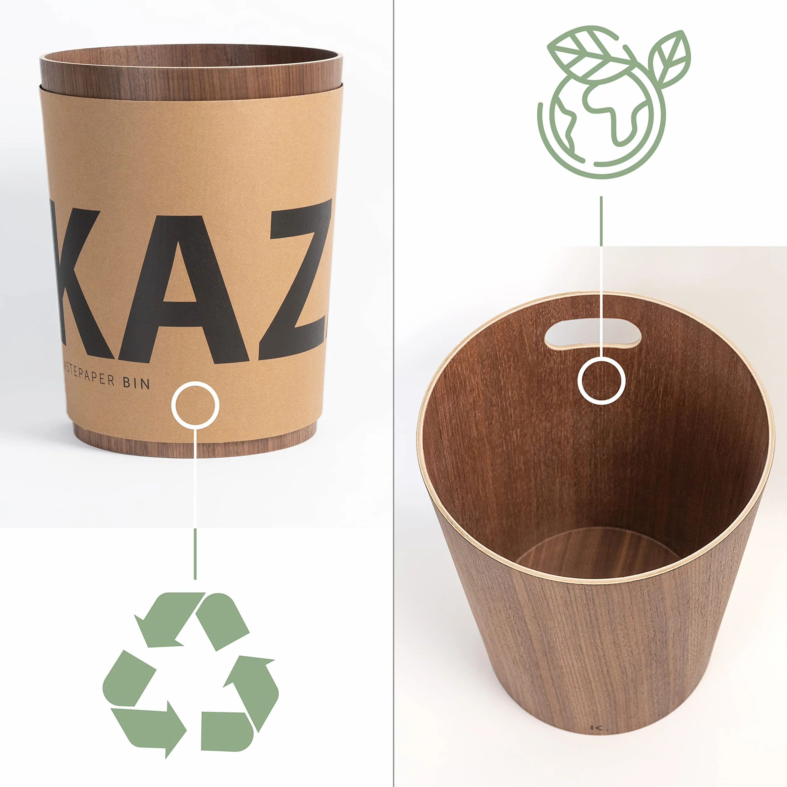 Kazai. Cestino Gettacarte in vero Legno Börje | Cestino Moderna per la carta in legno | Per ufficio, camera dei bambini, camera da letto e altro | 9 litri | Noce