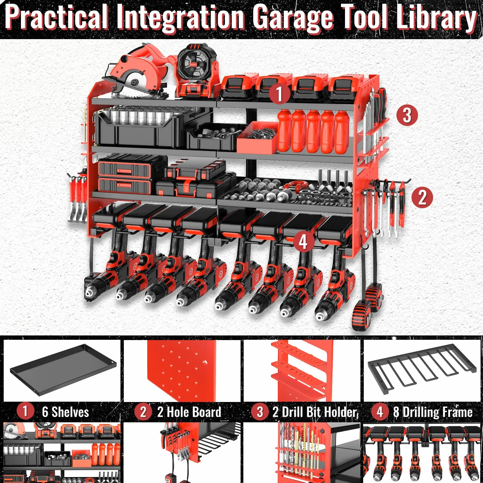 Organizzatore per attrezzi da parete, supporto per trapano a percussione, scaffale portautensili in metallo, organizer pesante per garage e officina con supporto laterale per cacciavite per garage e