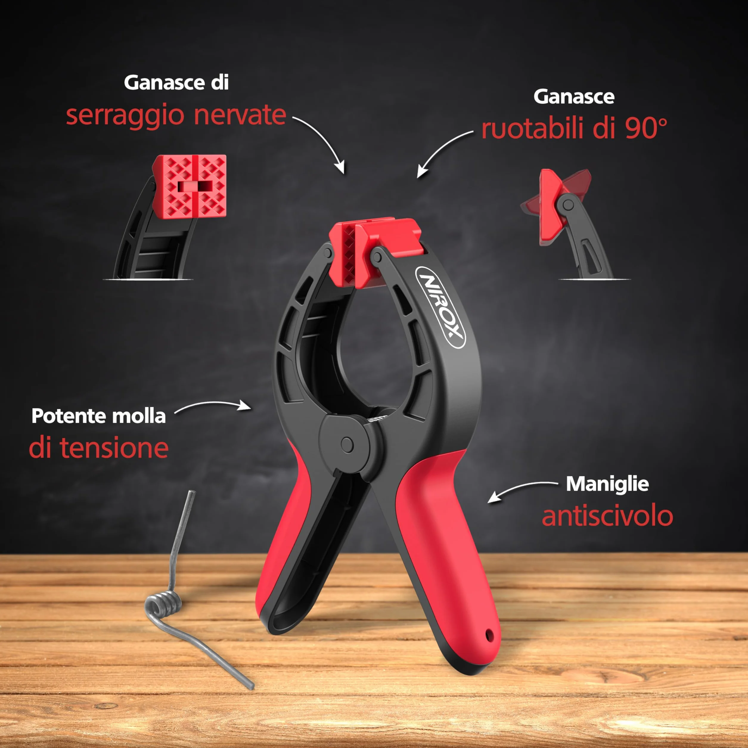 Nirox Set di 4 Morsetti a molla - Morsettiere con ampia apertura - Elevata forza di serraggio della pinza a molla - Morse da falegname con ganascia mobile - Morsetti a tensione