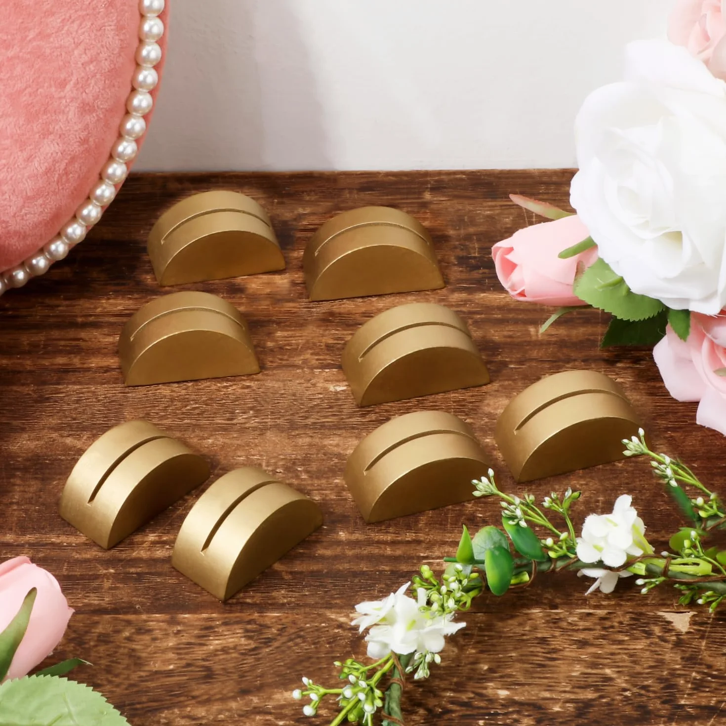 8 pz Supporti per Numeri da Tavolo, Segnaposto Moderni Porta Carte Nome Tavolo Clip Portafoto Design Semicircolare per Banchetti di Nozze Anniversario Festa di Compleanno (Oro)