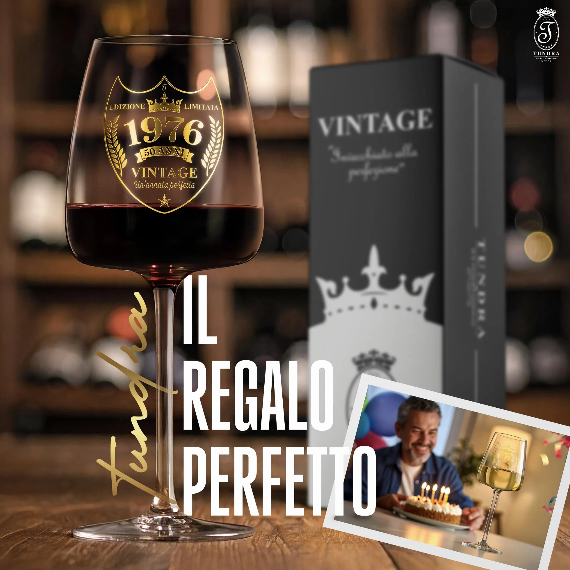 Calice Personalizzato 50 Anni Compleanno Uomo 1976 CRISTALLINO 450 ML Effetto Oro Regalo Originale