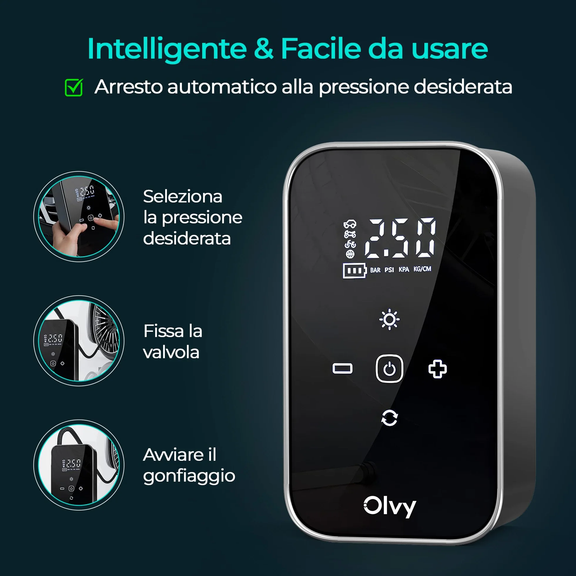 Olvy Compressore d'aria portatile senza fili 12V 6000 mAh Display digitale Luce LED