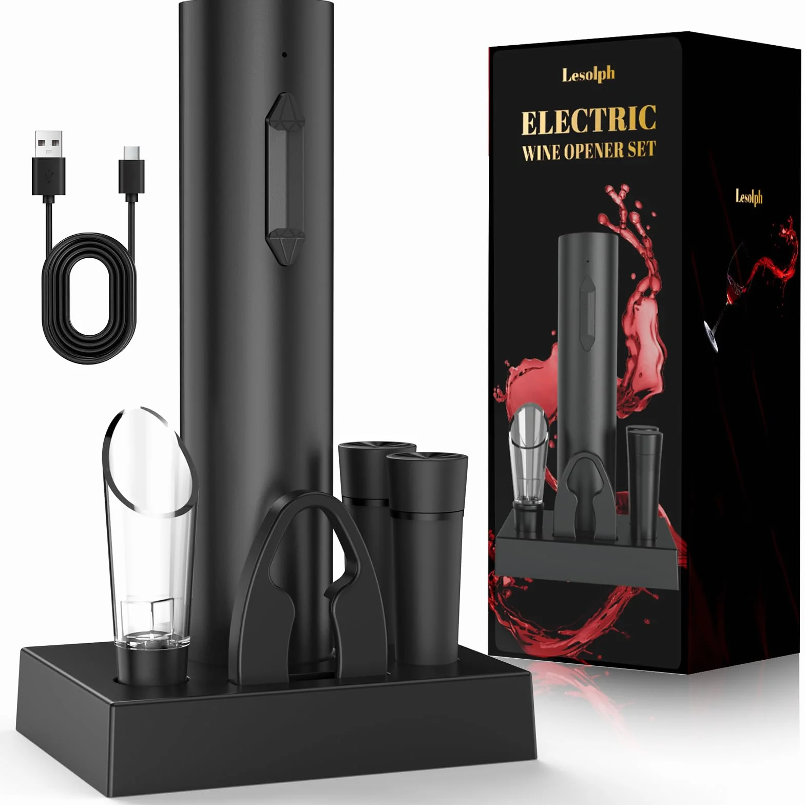 Cavatappi elettrico ricaricabile per vino, apribottiglie elettrico idee regalo uomo donna compleanno con aeratore per vino, 2 tappi sottovuoto, taglierina per fogli di alluminio e cavo USB