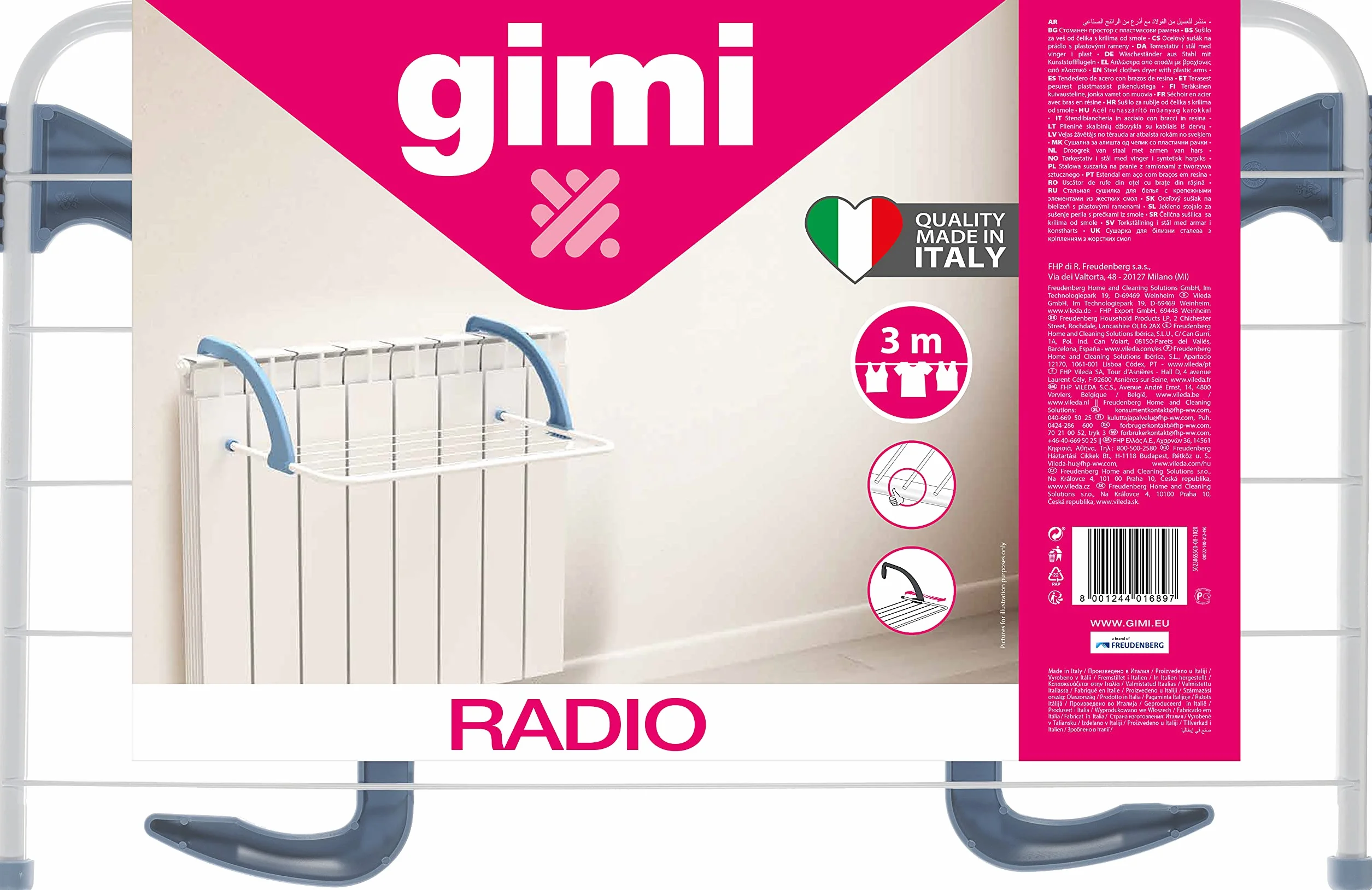 GIMI Radio Stendibiancheria da termosifone, Acciaio con Bracci in Resina, Adattabili a tutti i supporti, 3 m stendibili, Made In Italy