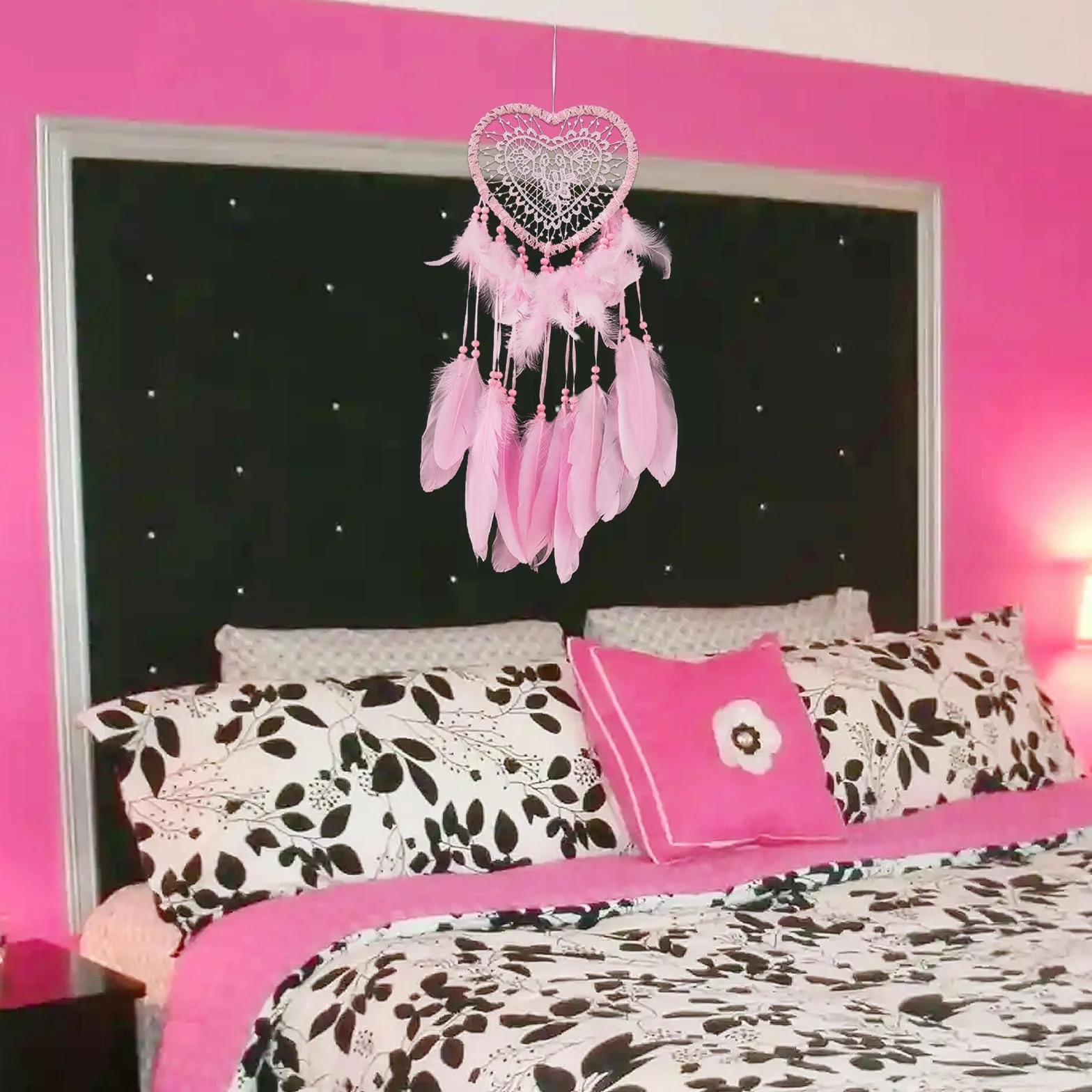 JSTHHTT 2 Pezzi Acchiappasogni con Piuma e Pizzo Intrecciato, Realizzato a Mano per Decorazione Parete Camera da Letto