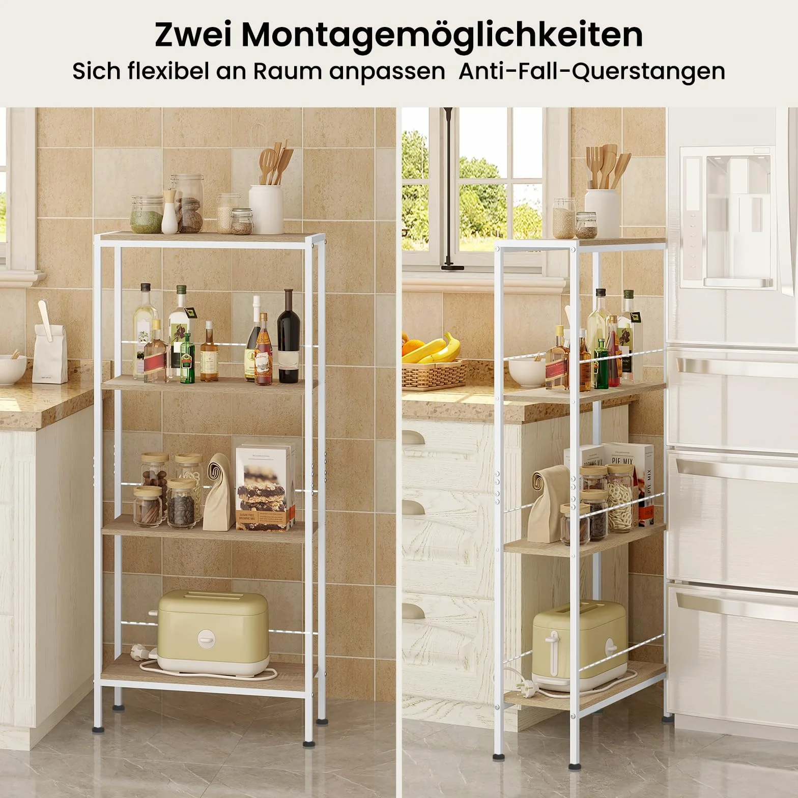 WOLTU Scaffale Salvaspazio da Cucina a 4 Ripiani, Scaffale Angolare per Bagno, Soggiorno, Camera da Letto, Stile Nordico, in Legno e Metallo, Rovere Chiaro+Bianco, 50x20x110cm, RGB53whe