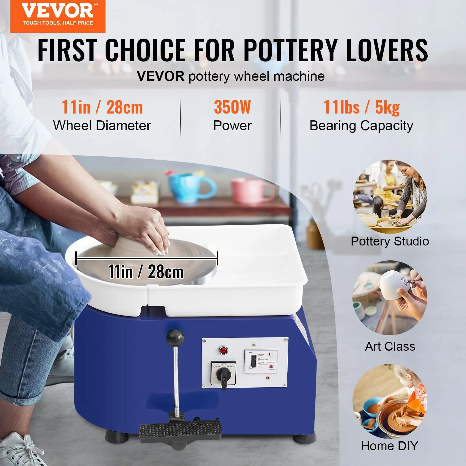 VEVOR Tornio per Ceramica Argilla con Pedale 350W Diametro 28cm Velocità 60-300 giri/min, Macchina Ruota di Ceramica Fai-da-te Hobbista Controllo Velocità Controllata 350W Livello Rumore entro 60 dB