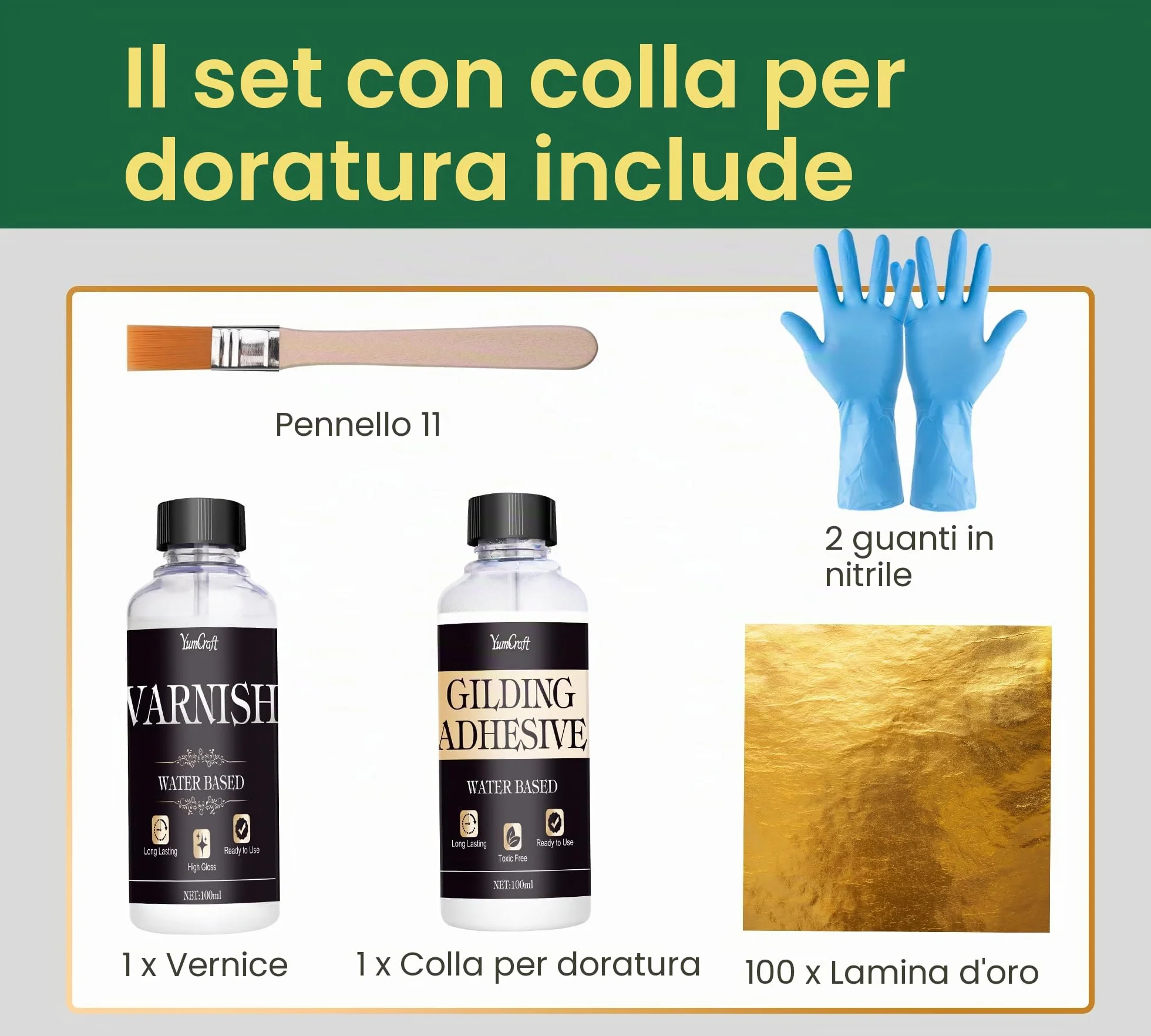 Foglia Gold Set, Colla 100ml e Vernice Protettiva a Base D'Acqua da 100 ml, Fogli di Foglie D'Oro 100 Pezzi, 1 Pennelli, Utilizzato per Mestieri, Dipinti, Arte, Mobili e Decorazioni