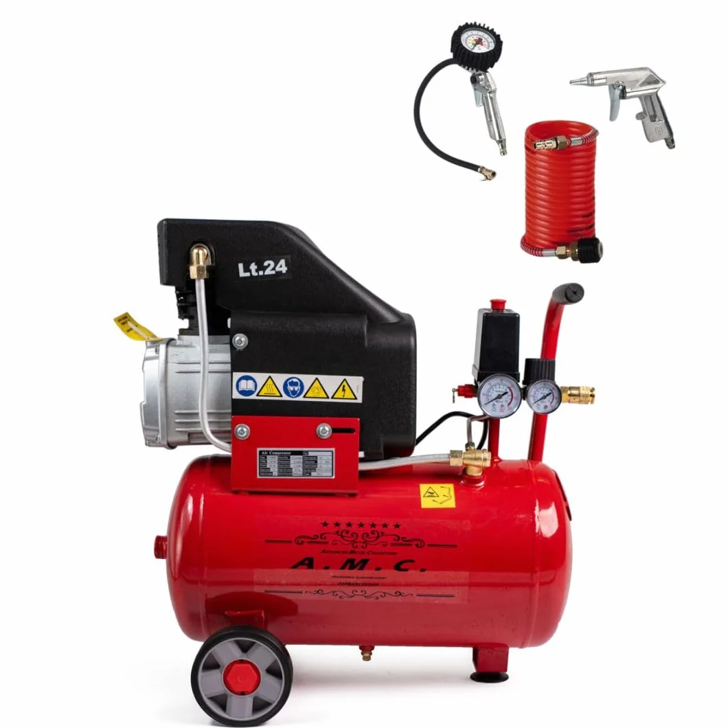 AMC Compressore ad aria da 25 litri pressione 8 bar elettrico coassiale 2 Hp incluso Kit Accessori salva spazio motore potente termicamente silenziato protetto con Carcassa esterna in alluminio