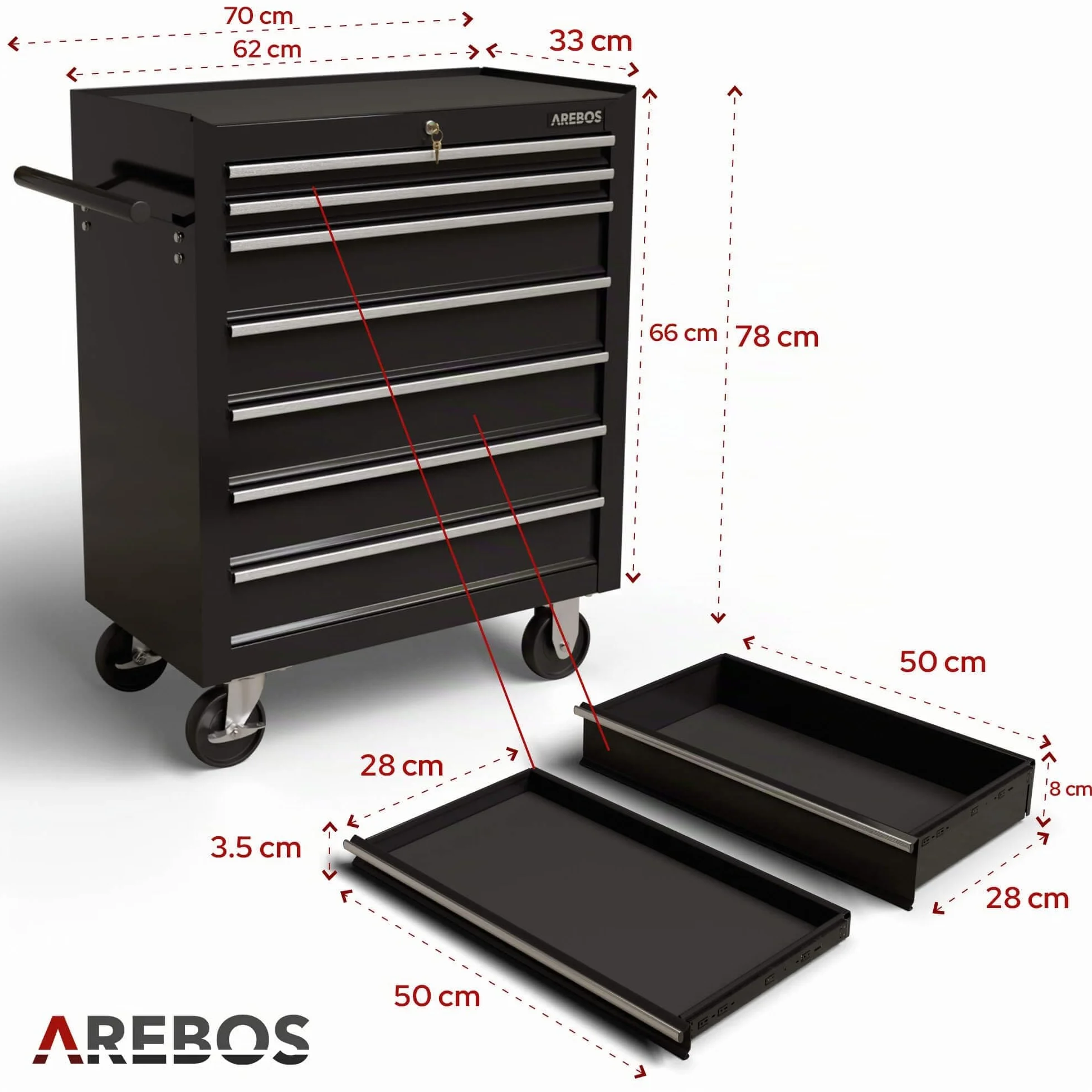 AREBOS carrello da officina con 7 scomparti | centrale chiudibile a chiave | rivestimento antiscivolo | ruote con Freno di stazionamento | massiccia metallo | Nero