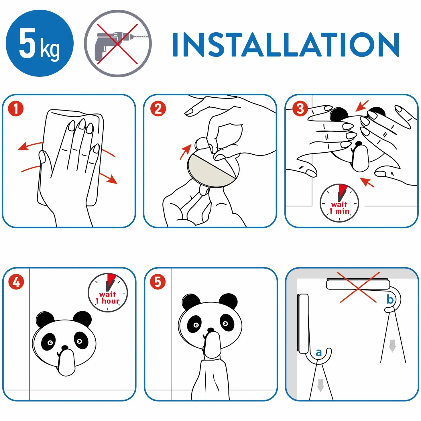 Tatkraft Friends Confezione da 4 Ganci Autoadesivi per Bambini, Ideale per Asciugamani e Accappatoi, Realizzato in Acciaio Inossidabile, Set di 2 Panda 2 Pinguini, Facile da Installare