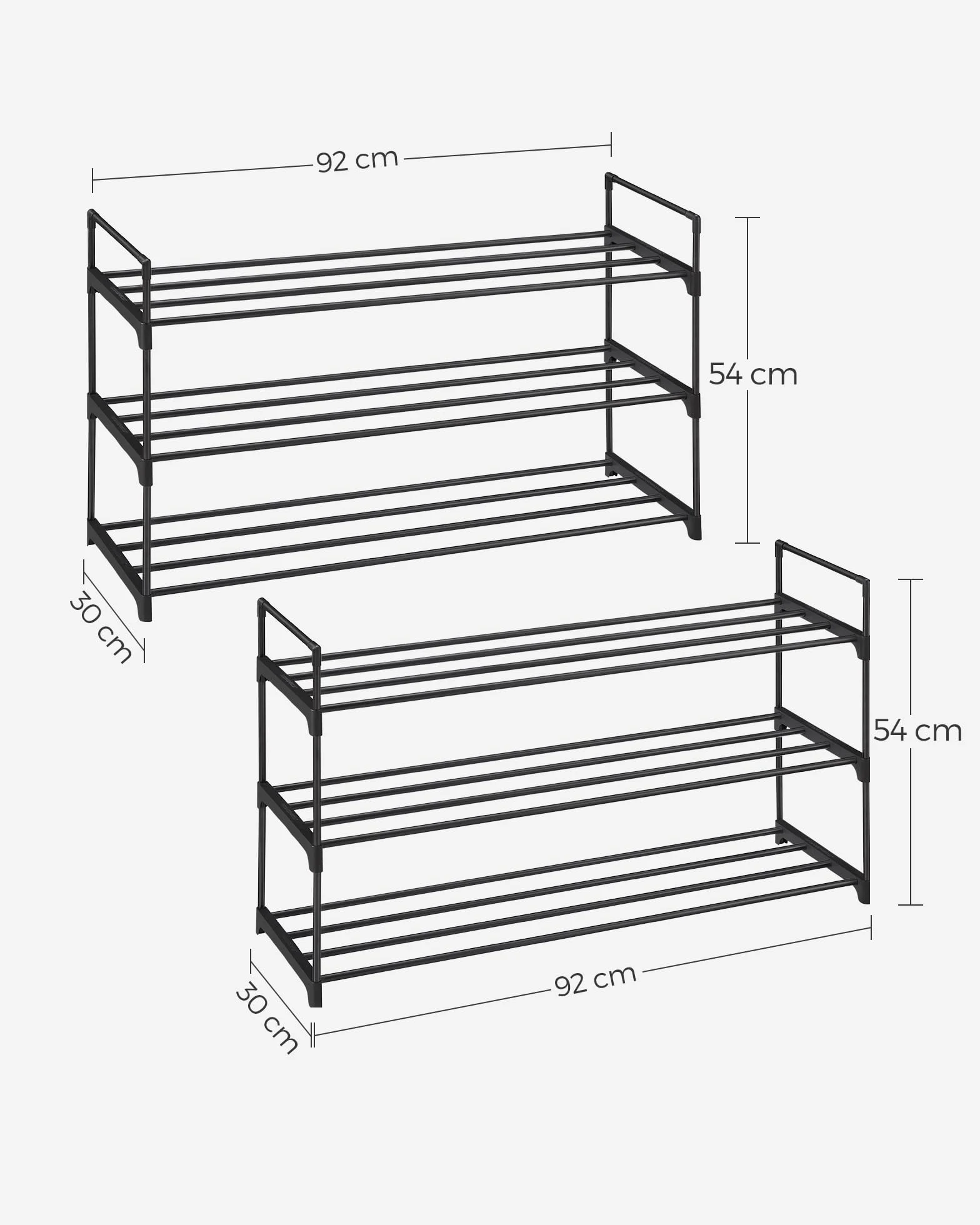 SONGMICS Scarpiera a 3 Ripiani Set di 2 Scaffale Portascarpe in Metallo Impilabile 30 x 92 x 54 cm Nero LSA06BK