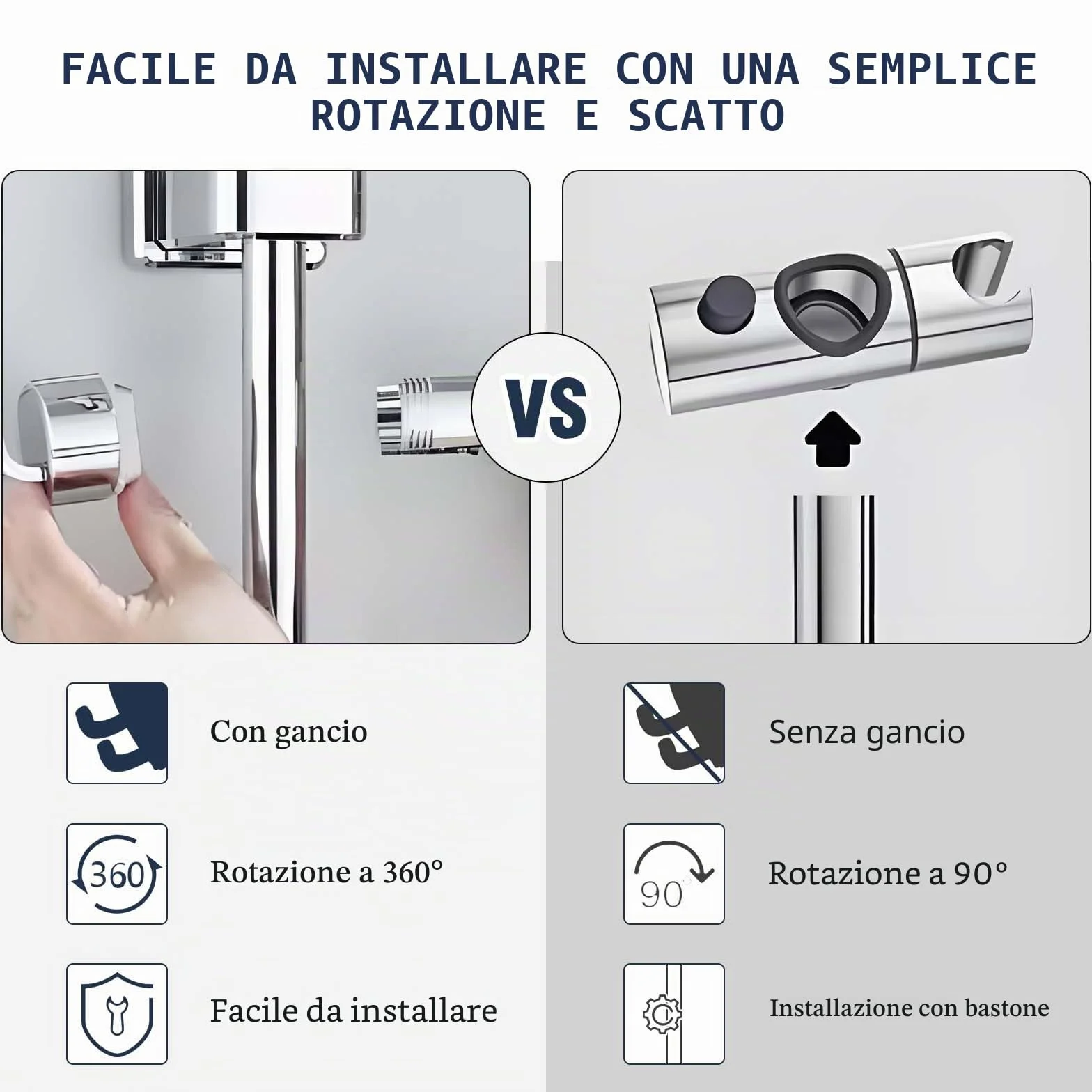Vinabo Supporto Soffione Doccia, Supporto Doccia Senza Foratura, 18-25 mm, Diametro Regolabile, Supporto Doccetta con Gancio, Installazione Semplice