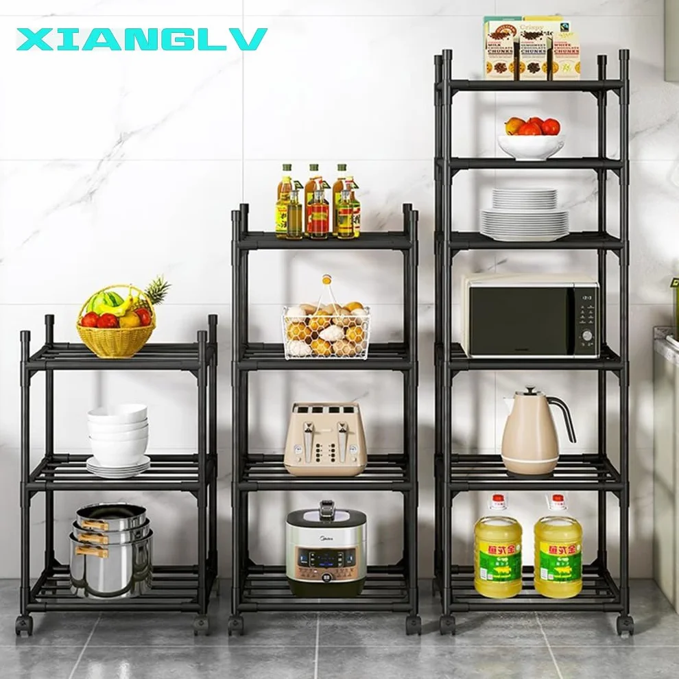 Scaffale a 6 ripiani alto e stretto, 42 x 32 x 165 cm, nero, con ruote e piedini antiscivolo, scaffalatura regolabile e rack portaoggetti per garage, bagno, cucina, angolo