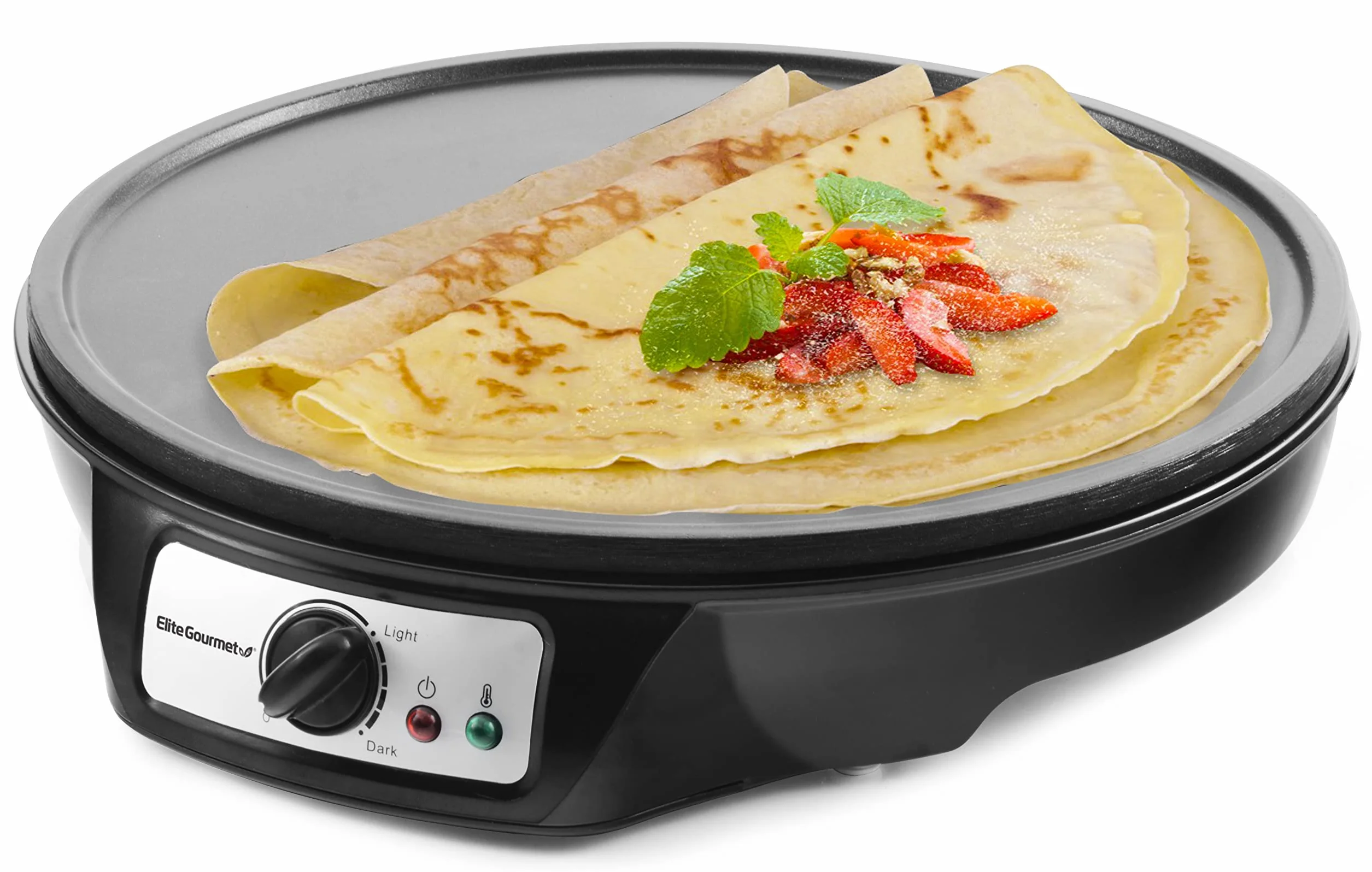Elite Gourmet, Crepiera elettrica ECP-126 per crêpes, pancake, torte, piastra antiaderente, con spargitore, spatola e ricette, lingua italiana non garantita, 30,5 cm, nero