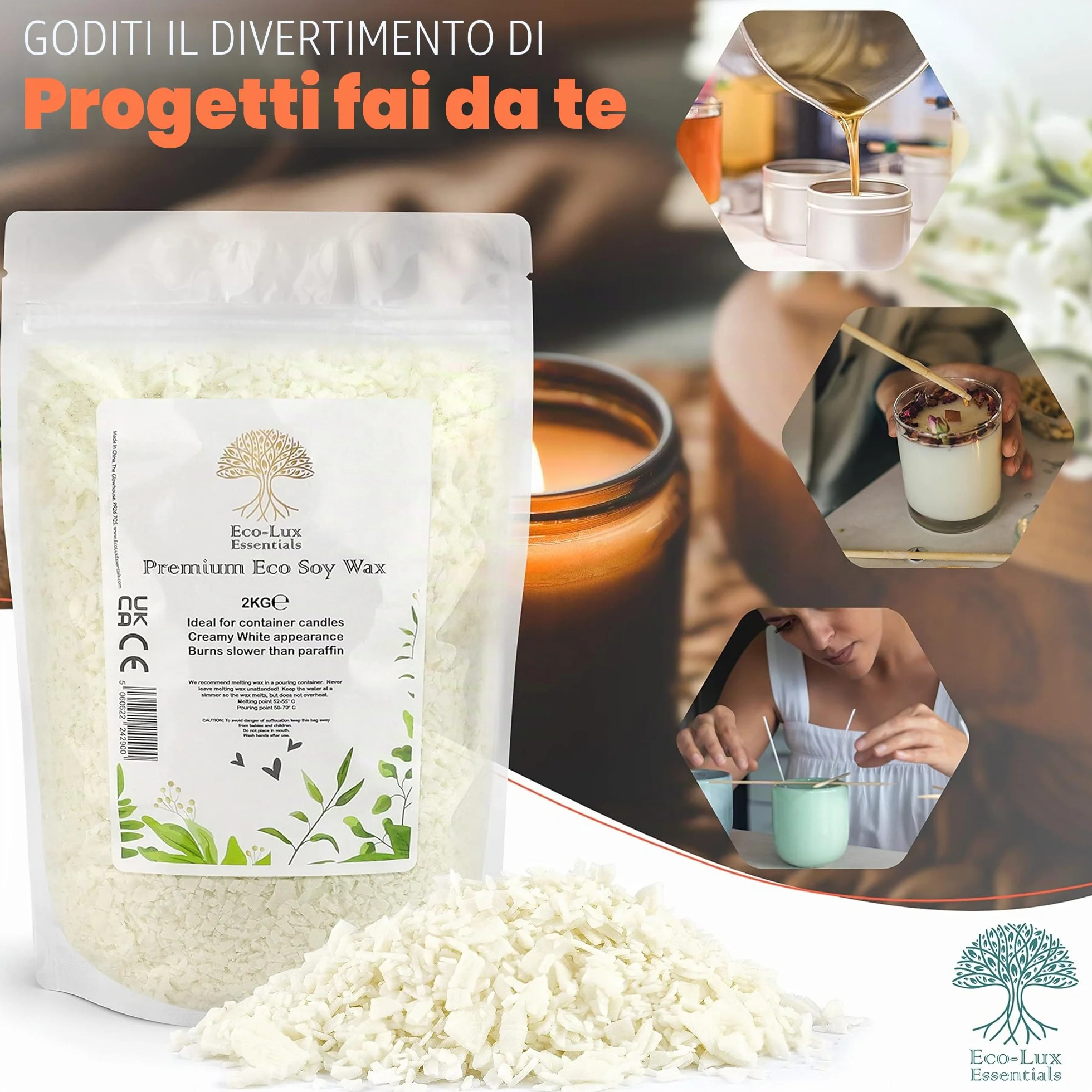 Eco-Lux Essentials - Cera di soia ecologica di alta qualità, 2 kg, bianca, vegana, prodotta senza crudeltà, 100% cera di soia naturale (2 kg)