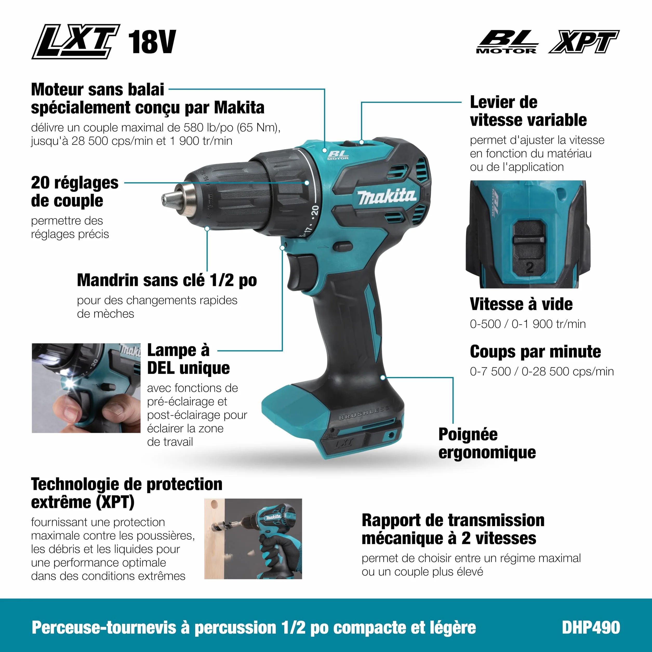Makita DHP490Z 18V Li-Ion LXT Brushless Trapano combinato, batterie e caricabatterie non inclusi