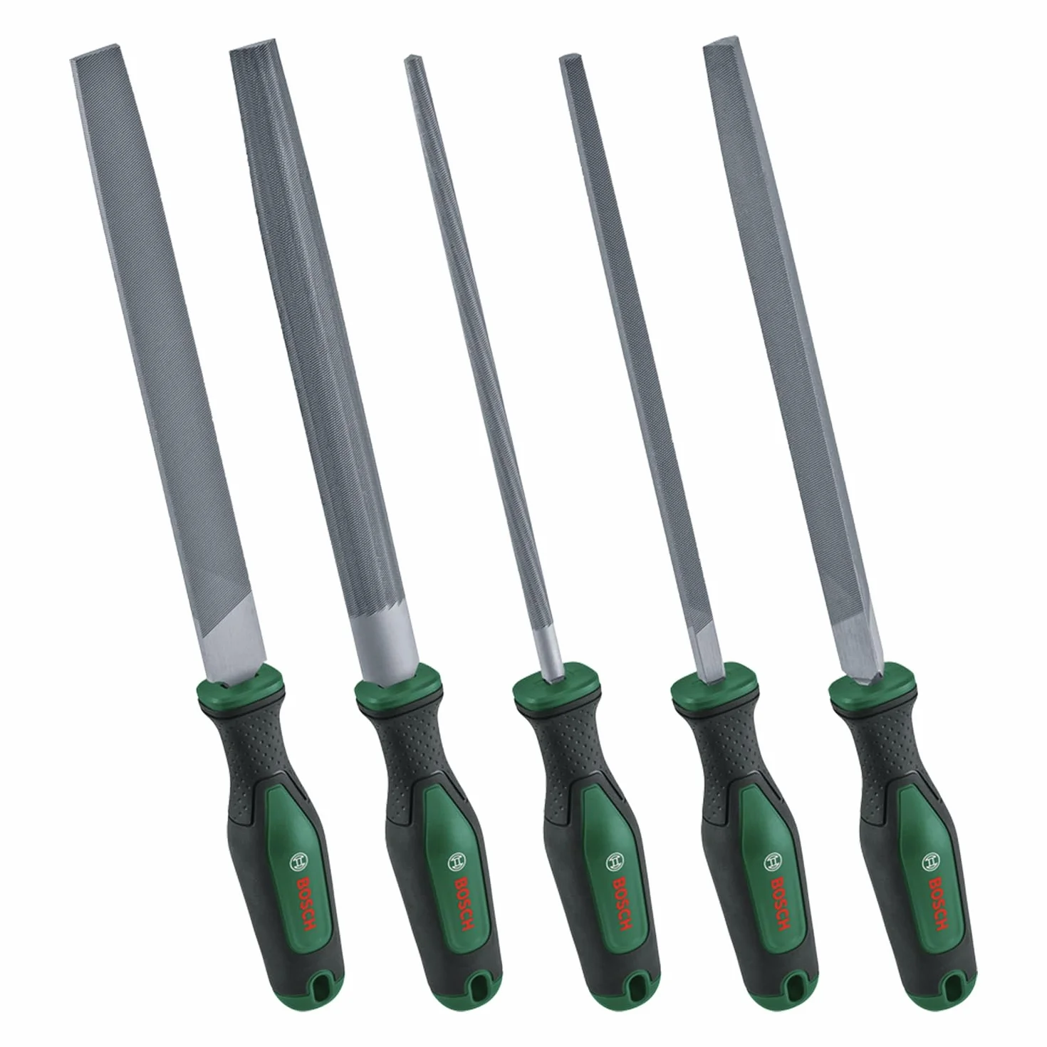 Bosch set di lime 5 pz. (robusto set di lime in metallo, contenente lime rotonde/semiarr./piatte/triang./quadrate; in acciaio al carbonio duro; lungh. stelo 200 mm; taglio medio 2; Softgrip)