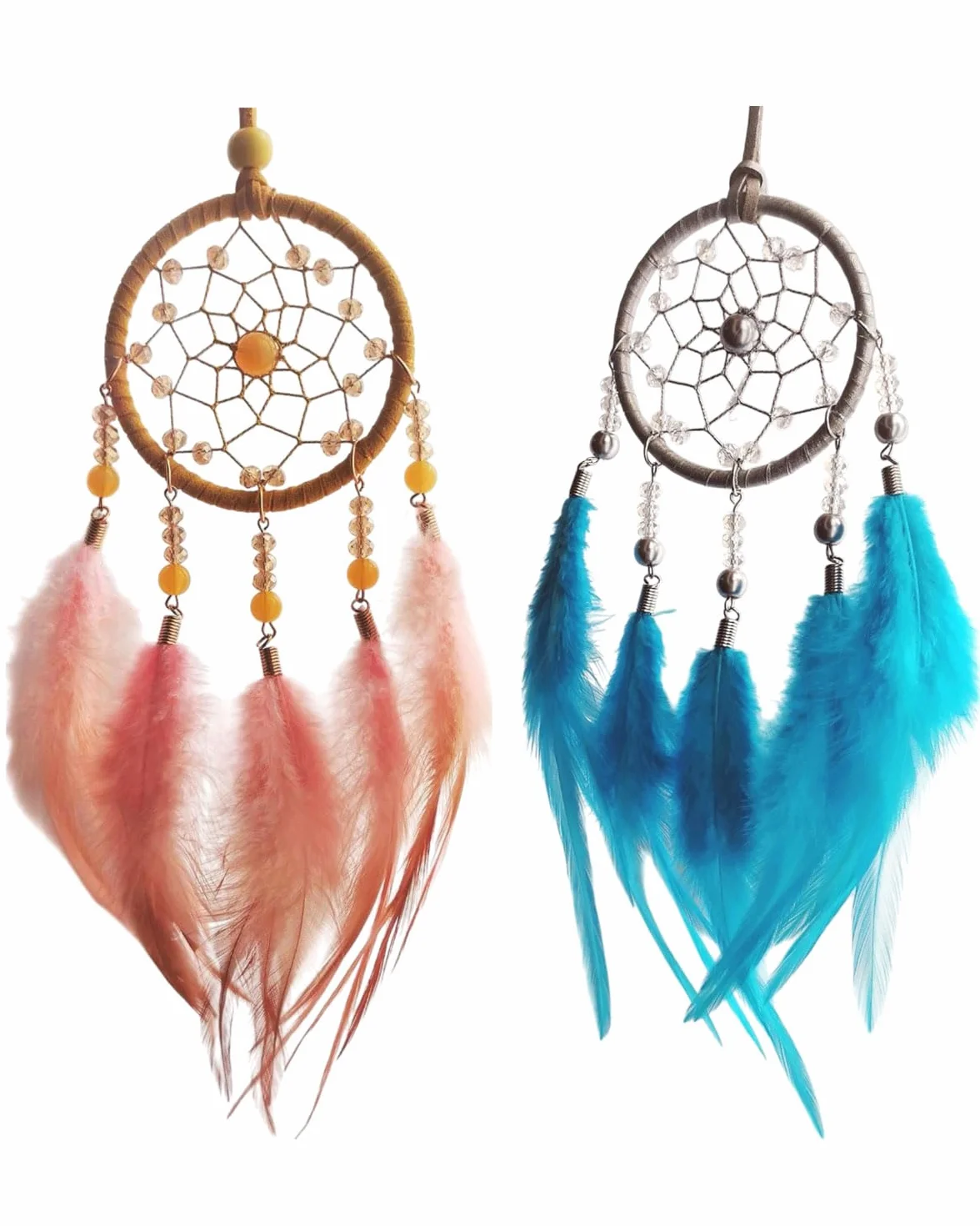 Acchiappasogni di Piume Fatti a Mano, 2 Pezzi, Regalo per Ragazze e Bambini, Decorazione per Camera da Letto e Auto (Blu + Arancione)