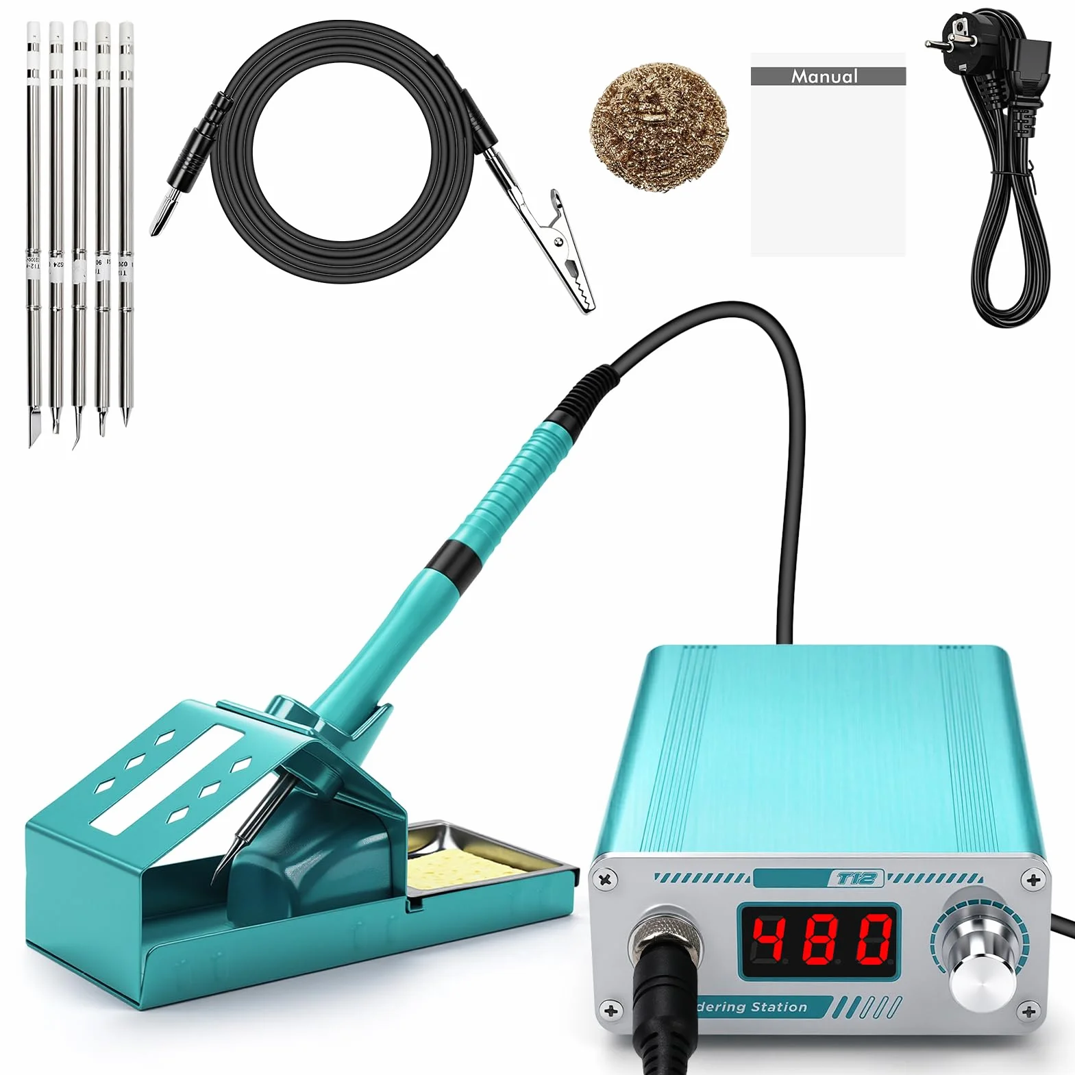 Stazione di Saldatura, 75 W Kit Saldatura a Stagno, temperatura regolabile 180-480°C, indicatore LED, 5 punte di saldatura, pompa dissaldante, detergente per punte, 2 pinzette per laboratorio scuola