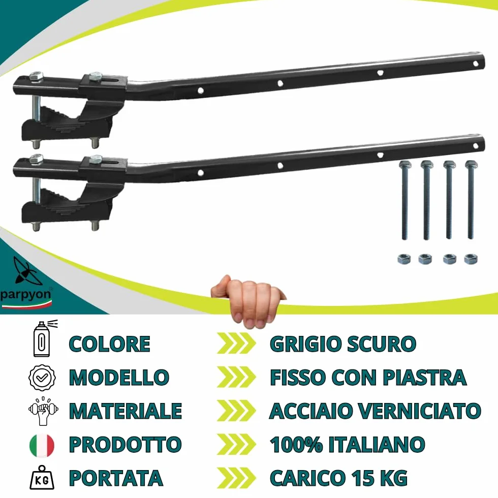 parpyon® Bracci Stendibiancheria da balcone esterno, Stendibiancheria da parete o ringhiera in ferro per filo per stendere il bucato prodotto 100% Italiano (Fisso c/piastra, Grigio scuro)