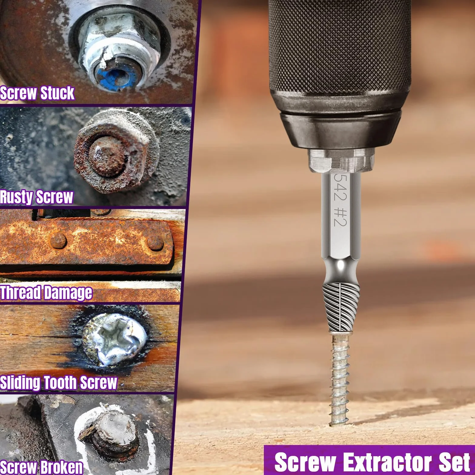 9 Pcs Estrattori Viti Danneggiate, Modello HSS 6542, Durezza 63-65 HRC, YURINWOO Estrattore Vit i Spanate, Dispositivo Di Rimozione Bullone Rotto per Viti Danneggiate, Rotte o Strippate