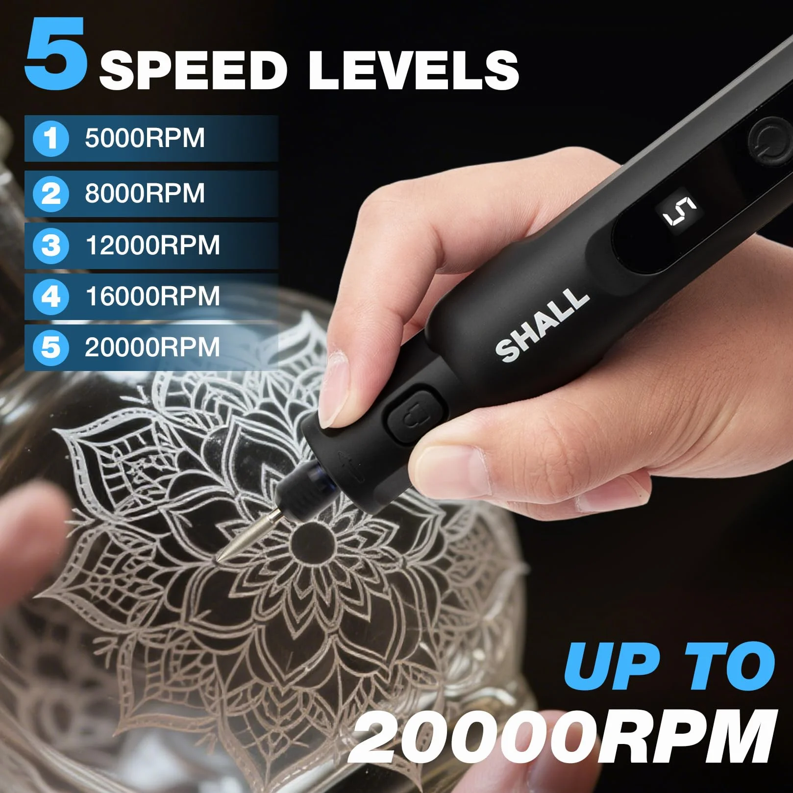 SHALL Smerigliatrice senza fili 3,7V 20000 giri/min 5 velocità Kit con 70 accessori e luce LED