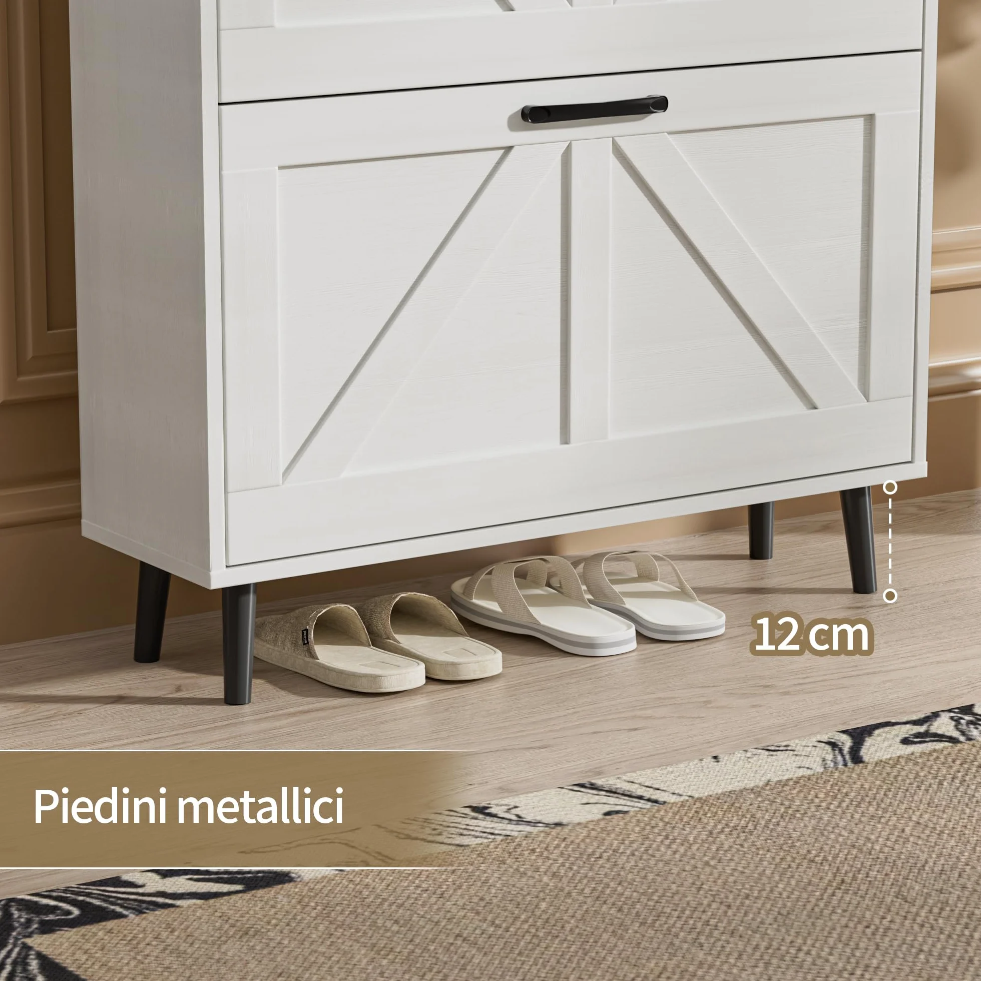 BonVache Scarpiera stretta, scarpiera con 2 ante, scarpiera ribaltabile con 4 ripiani, mobile per scarpe con spazio aperto, portascarpe in legno, 80x24x113,5 cm, bianco