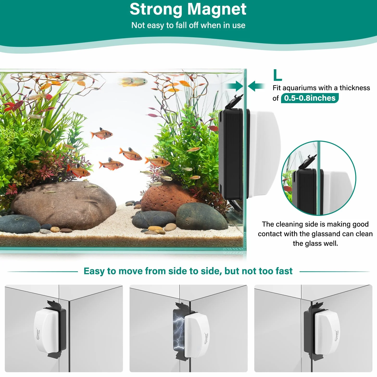 hygger Spazzola Magnetica per Acquario,Spazzola Acquario Pulizia Vetro,Spazzola per Pulire Acquario con Raschietto Rimovibile per Acquario di Vetro(L)