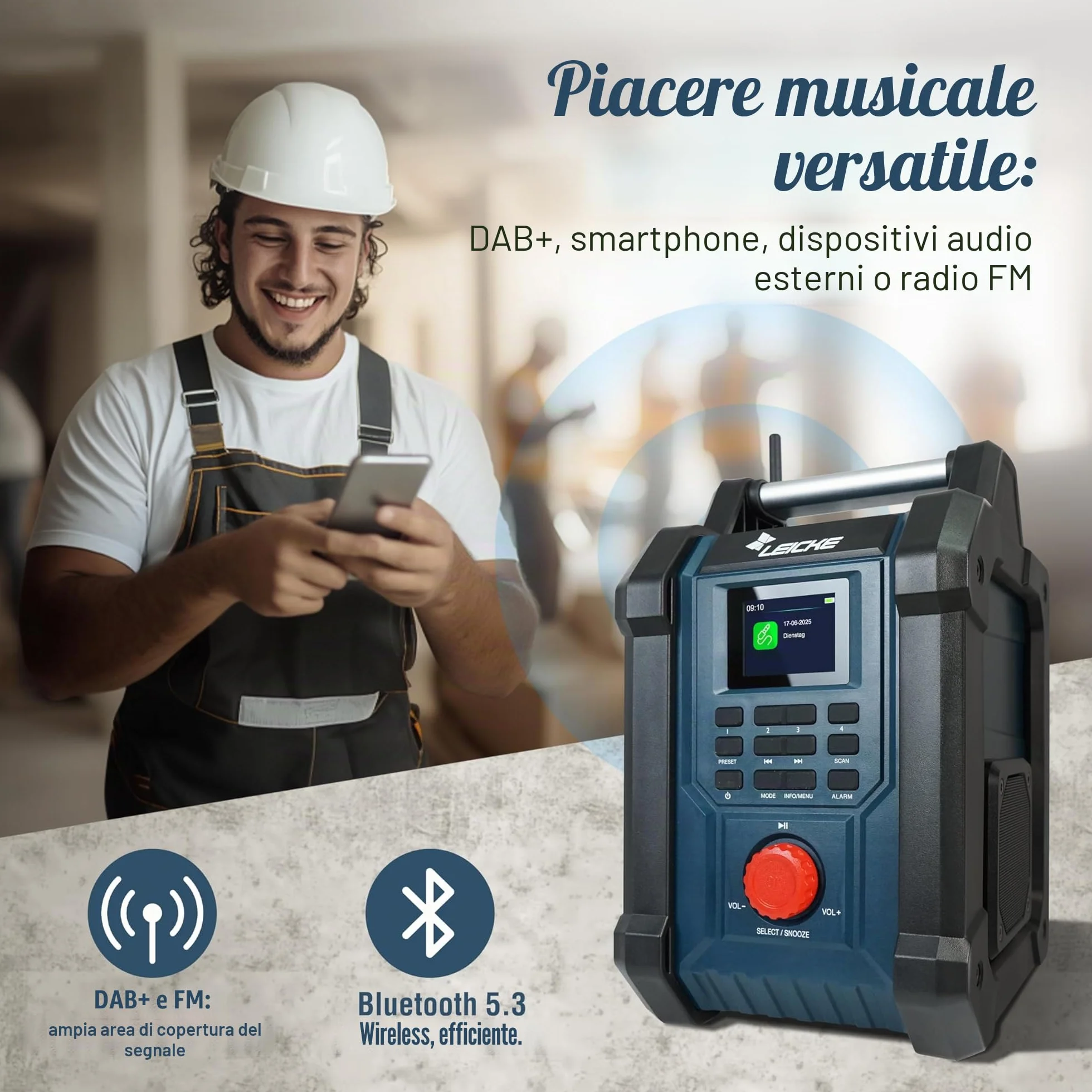 LEICKE Radio da cantiere DAB/DAB+/FM con Bluetooth, batteria 4000 mAh e caricabatterie inclusi, 2 altoparlanti da 15W e display LCD da 2,4 pollici
