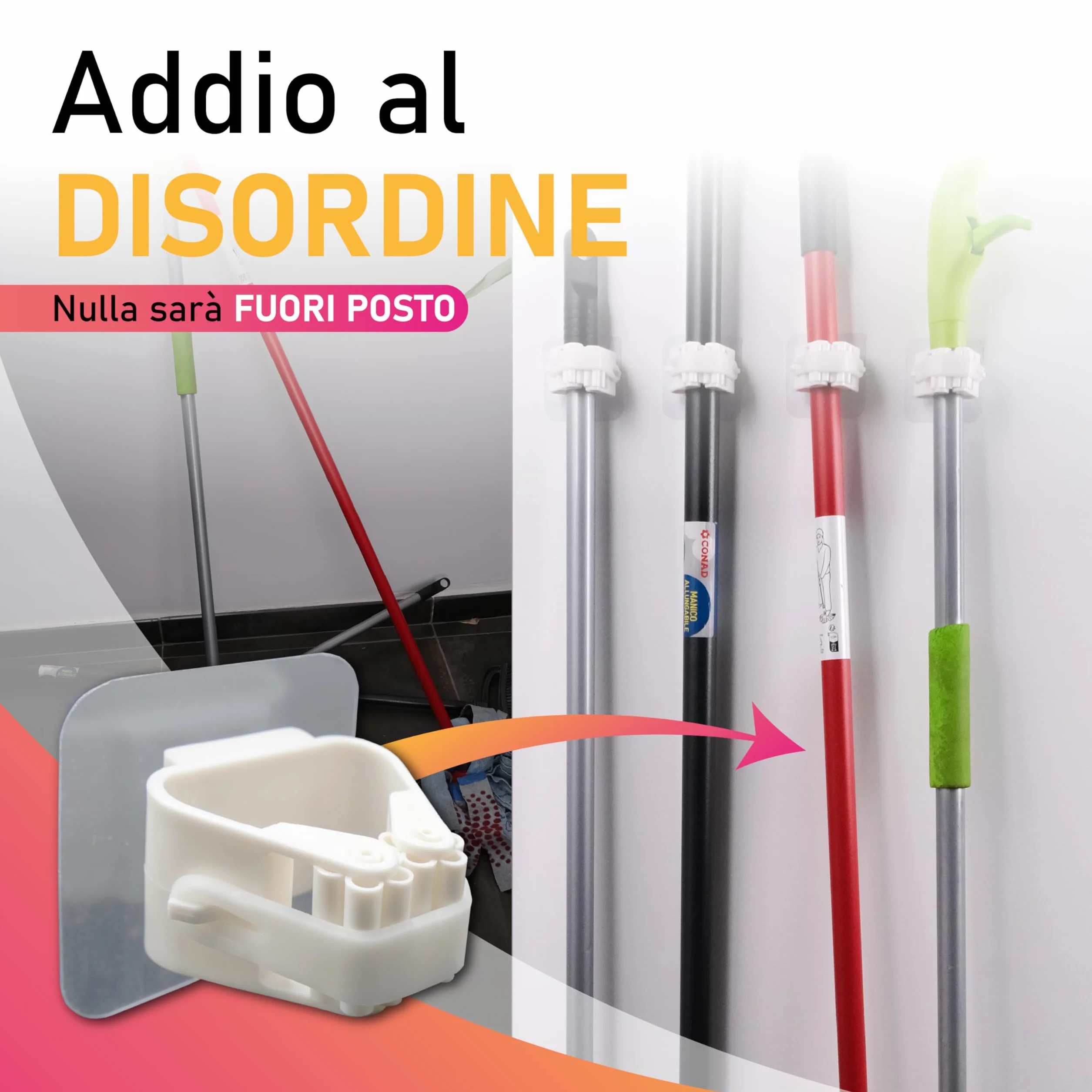 Generico Porta Scopa Adesivo Ultra Resistente da Parete (Set 4) – Ganci Senza Fori per Scope e Mop – Supporto Porta Scope Cucina, Bagno e Garage – Impermeabile, Antiscivolo con Fissaggio Forte