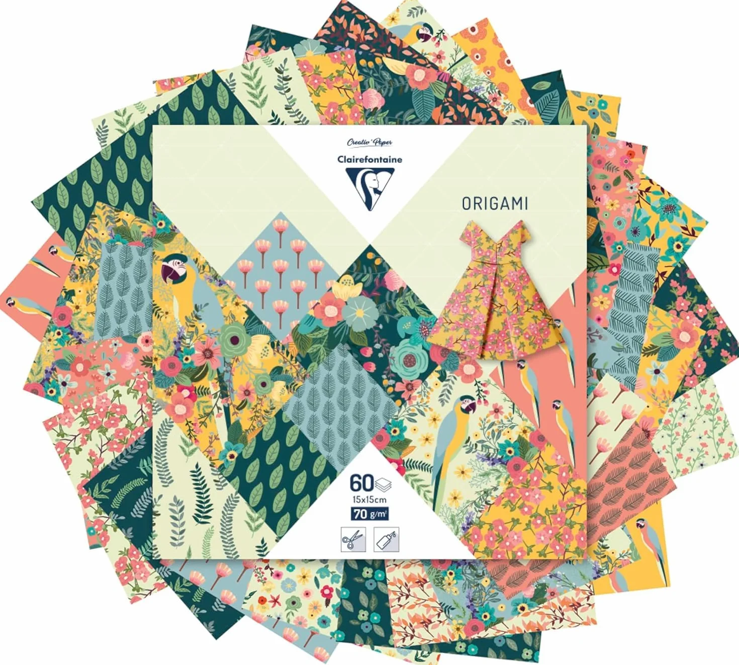 Clairefontaine 95351C Papier Origami 70g/m² 15x15cm 30 motivi colorati