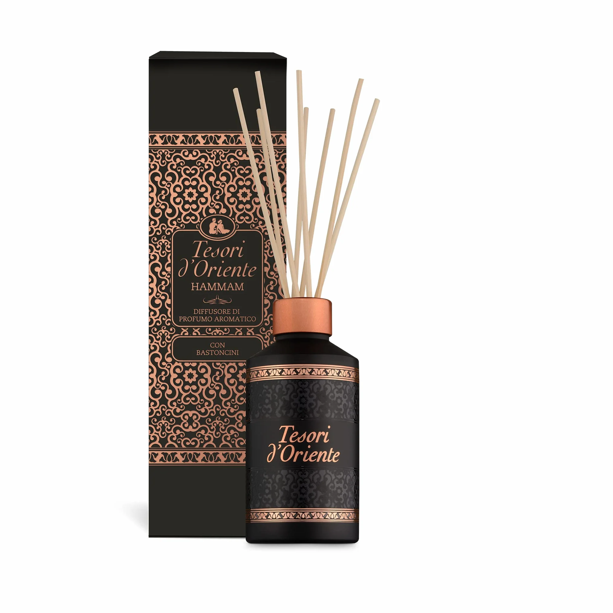 Tesori d'Oriente - Diffusore Hammam, Profumatore per Ambienti con Bastoncini, con Oli Essenziali dalle Note di Gelsomino e Fiori d'Arancio, Deodorante Casa, 200ml