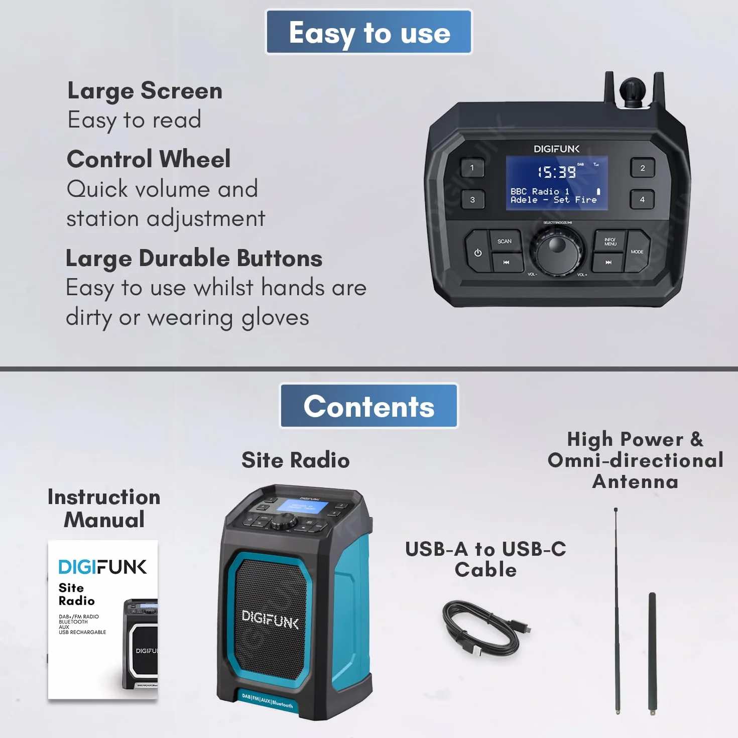 Radio da cantiere DigiFunk | Ricaricabile via USB | DAB+, DAB, FM, Bluetooth, Ingresso AUX | Design resistente all'acqua IP65 ultra resistente e durevole | Perfetta per edili (Rosso)