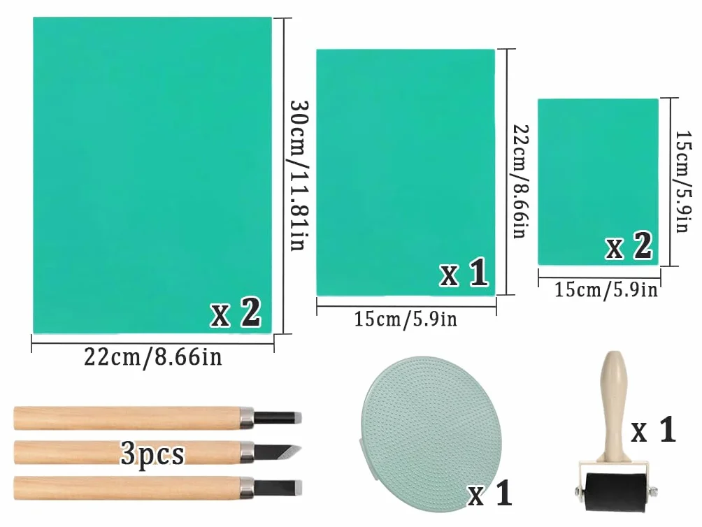 Linoleum Incisione 5PCS Blocchi per Intaglio Timbro Gomma Morbida Stampa, 1 Rullo 1 Ma Lian 3 Utensili da Intaglio (2A4+A5+2A6)