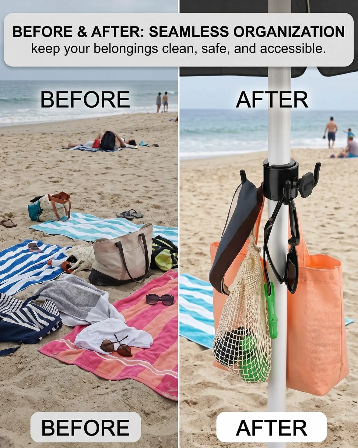 Ganci Ombrellone Spiaggia, 2 Pezzi a 4 Punte in 2 Colori, Organizer Porta Asciugamani Borse, Tieni Oggetti Sicuri e Dalla Sabbia.