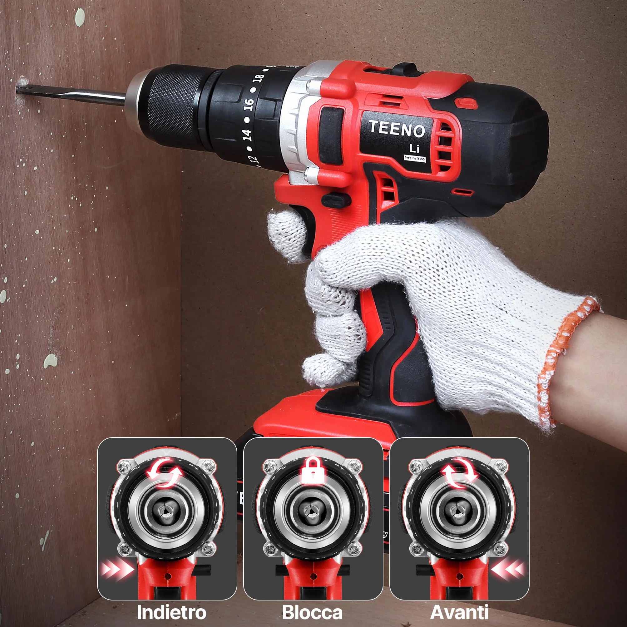 TEENO Trapano Avvitatore a Batteria 20V, Avvitatore Elettrico 45Nm con 2 Batterie 2,0Ah, Trapano a Percussione con 20+3 Regolazioni di Coppia, 2 Velocità, Mandrino 13mm, LED, Valigetta e Accessori