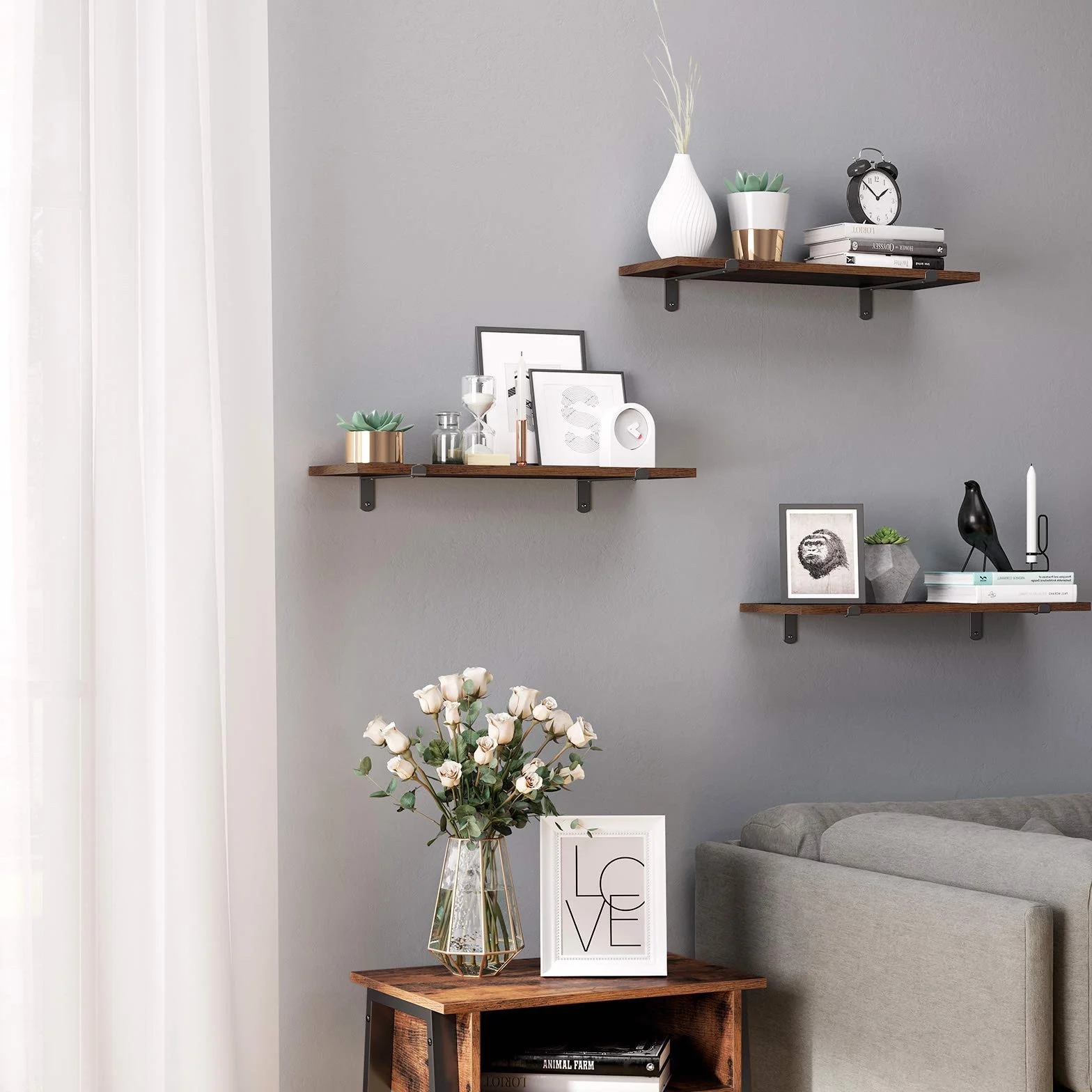SONGMICS Mensole da Parete Set di 2 mensole galleggianti, Decorative, Stile retrò, carico Max. 15 kg/unità, 60 x 20 x 7 cm, MDF Marrone e Nero LWS04NB