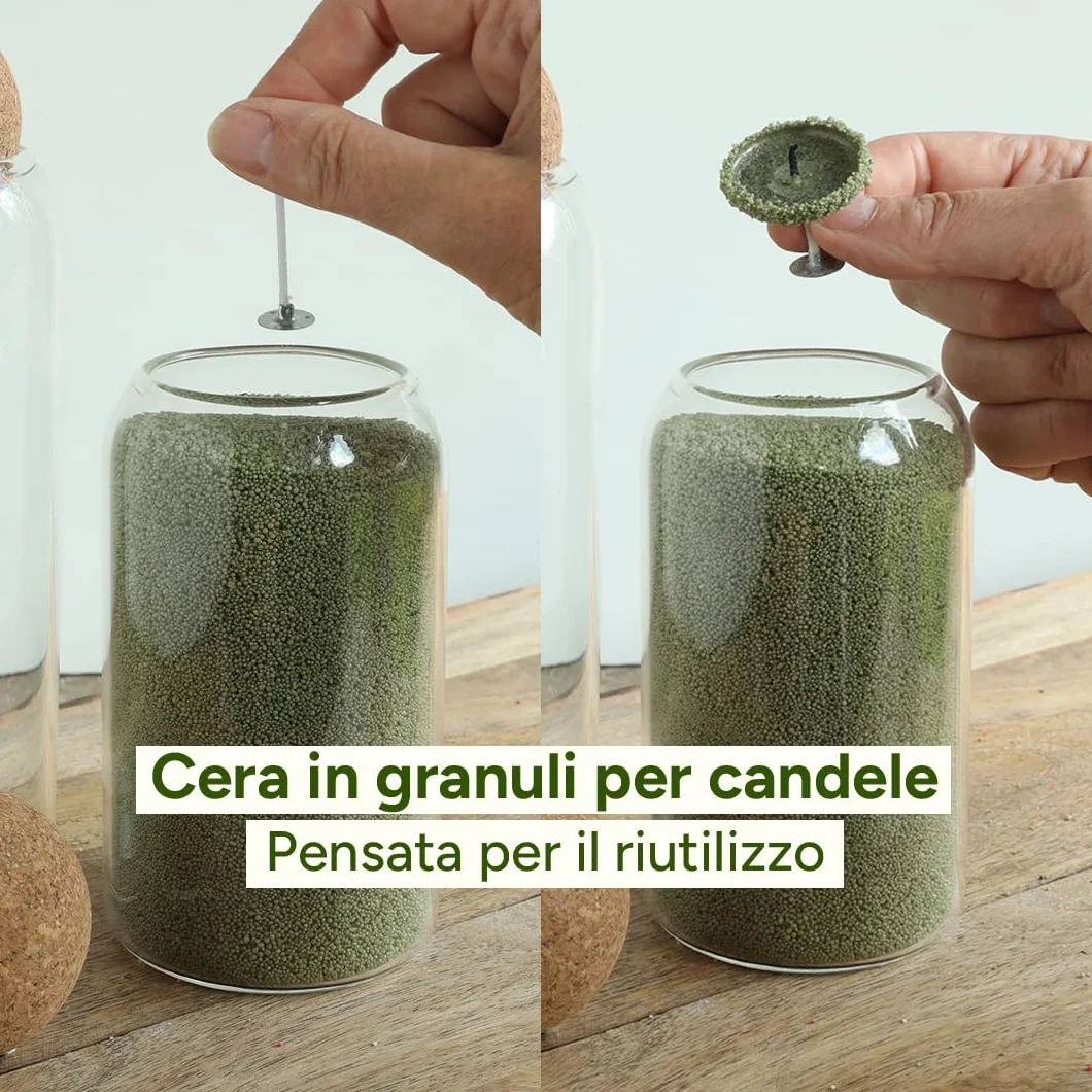comforder Sabbia per Candele con Stoppini, Granelli di Cera, Kit Candele Fai da Te, Pearl Candle, 400 g Perle di Cera per Candele + 4 Stoppini (Verde Muschio)