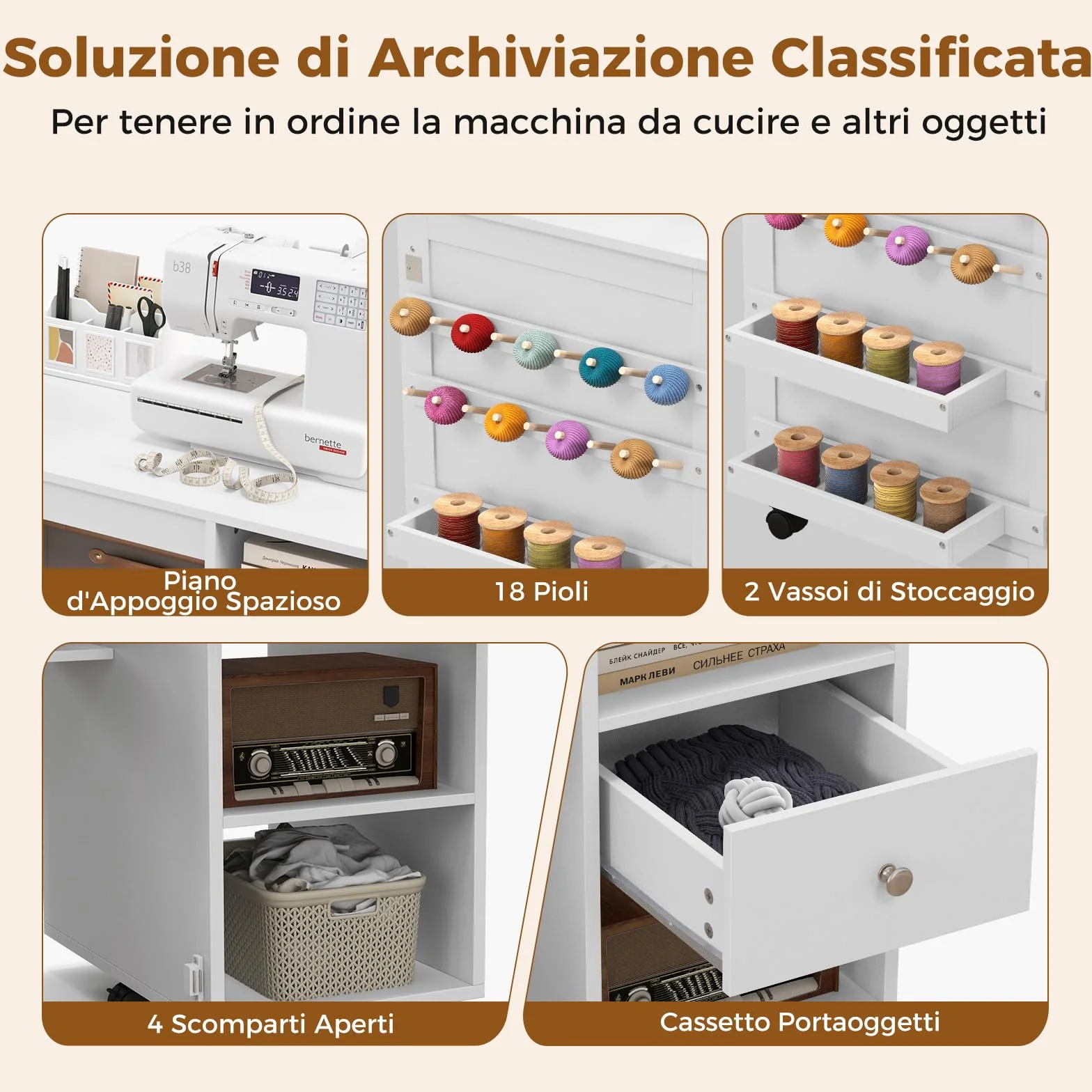 COSTWAY Tavolo per Macchina da Cucire Pieghevole, Tavolo per Cucito con Ripiani per Stoccaggio, Vassoi, Cassetto, Ganci e 6 Ruote Bloccabili, Bianco