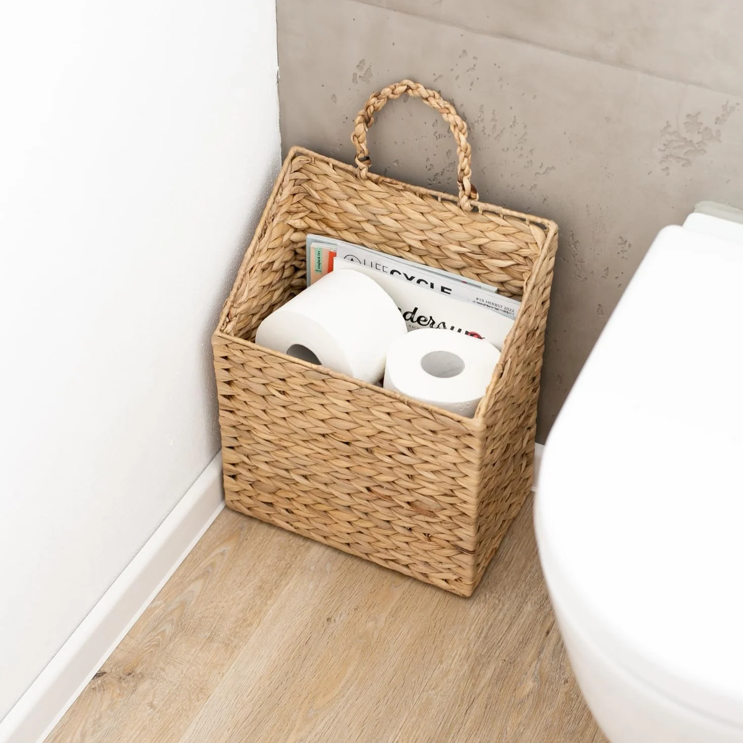 HMF Cestino sospeso intrecciato in giacinto d'acqua, cestino per giornali da appendere, 30 x 17,5 x 38 cm