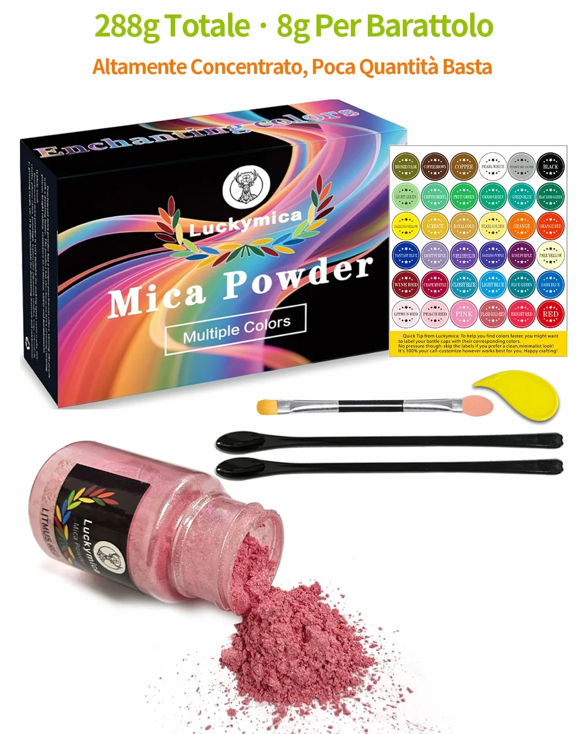 Polvere di Mica 36 Colori, Set di Pigmenti Perlescenti da 20 ml per Resina Epossidica, Sapone Artigianale, Bombe da Bagno, Candele, Lucidalabbra, Nail Art e Hobby Creativi DIY