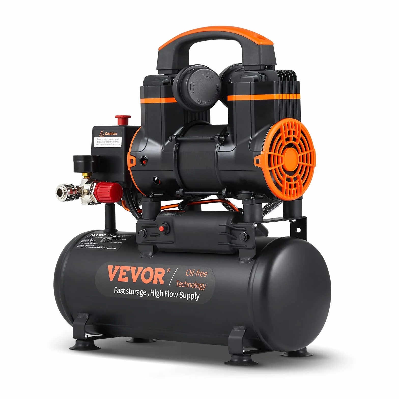 VEVOR Compressore d'Aria a Secco Portatile 8L, Senza Olio, Motore 900W, Velocità 2800 giri/min, per Aerografo Inchiodatura, Rumore 70dB 2 Silenziatori, Temperatura -50℃ - 40℃