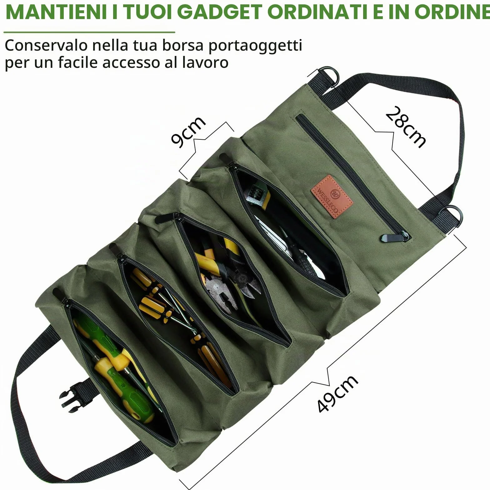 Borsa per attrezzi, borsa portachiavi in tela, borsa per attrezzi multifunzionale con 5 tasche con cerniera, ideale per idraulici, commercianti ed elettricisti