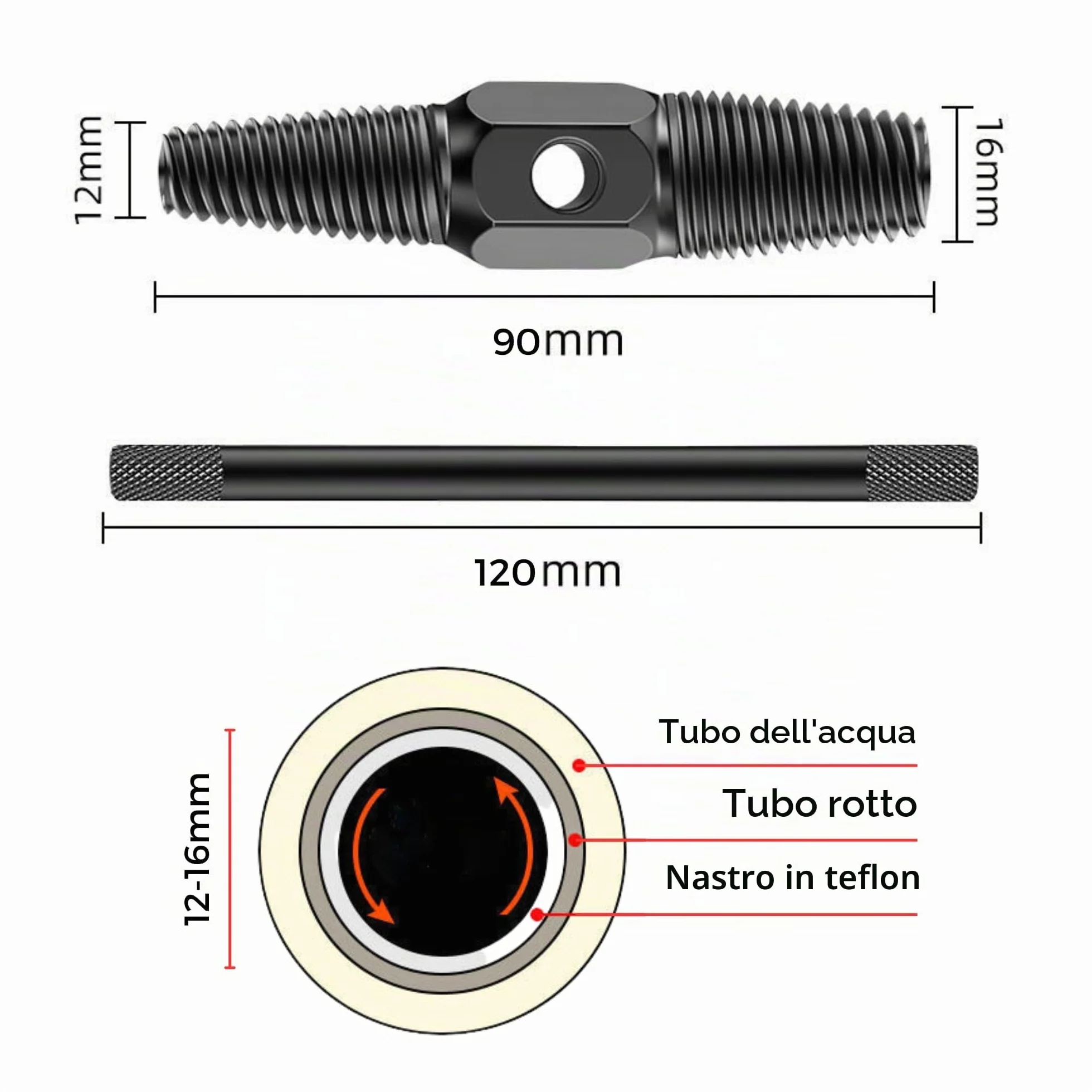 Estrattore di Tubi. Estrattore per Viti Danneggiate e Bulloni Rotti da ½ a ¾ Pollici. Toglifilo a Doppia Testa con Leva Ausiliaria. Acciaio al Carbonio.