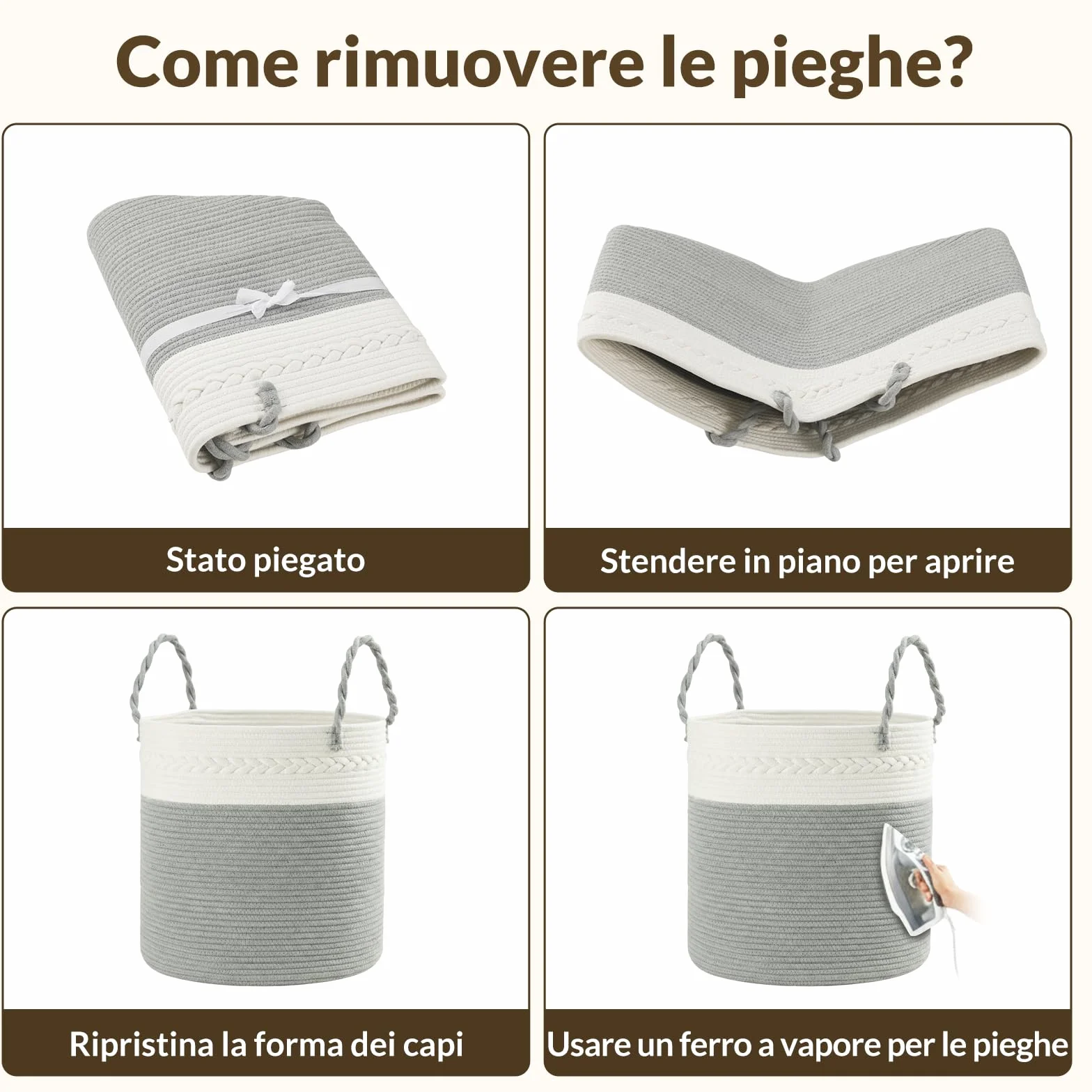 COSYLAND Cesto portabiancheria in cotone naturale - Pieghevole con manici portabiancheria sporca, Cesta portabiancheria per bagno, camera da letto e cameretta - 40x40x40cm (Grigio-bianco)