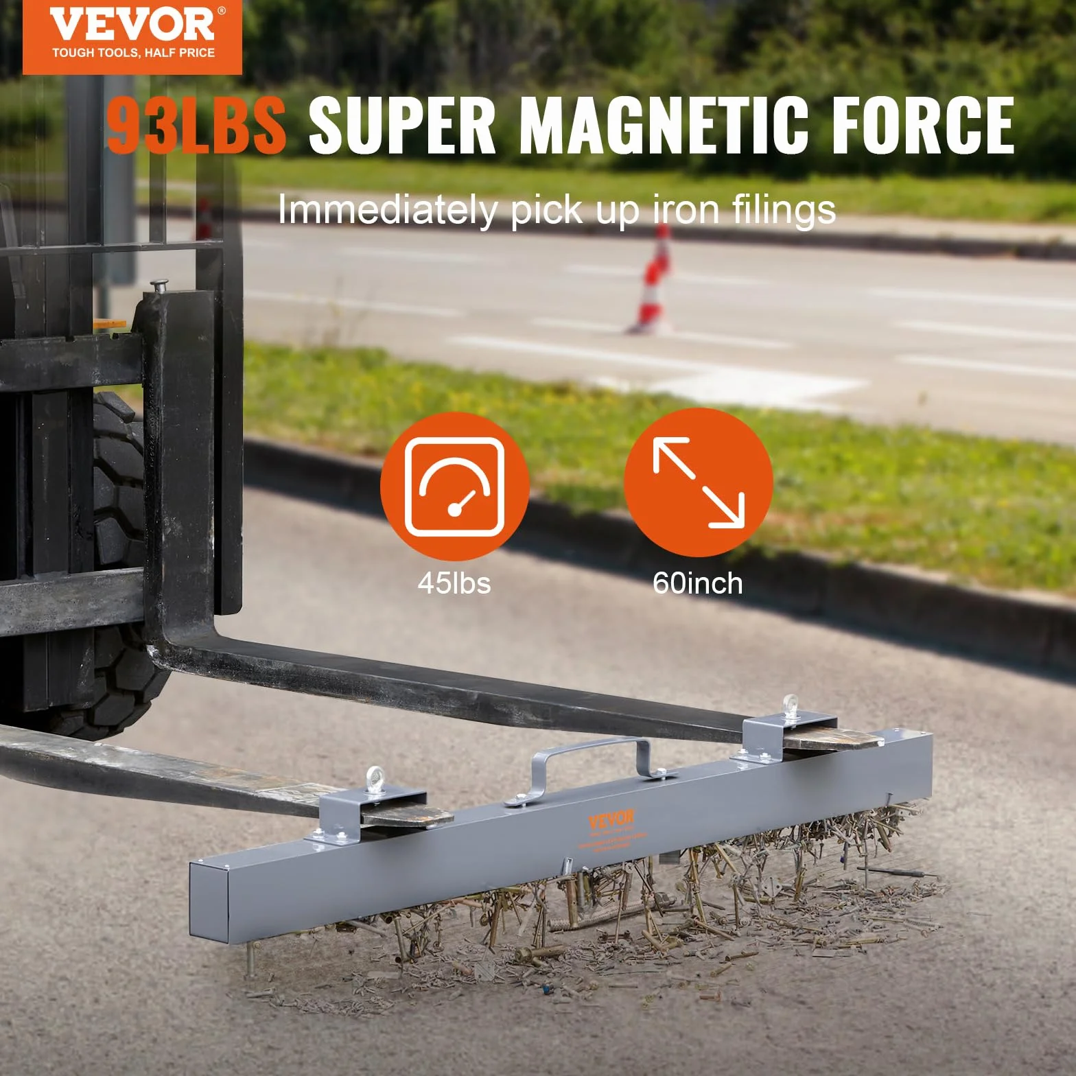 VEVOR Barra Spazzatrice Magnetica da Appendere per Forche di Benne Carrello Massima Forza 42,2kg Lunghezza 152cm, Barra Sospesa Magnetica Raccoglitore di Trucioli Metallici per Pavimenti 152x7,7x20 cm