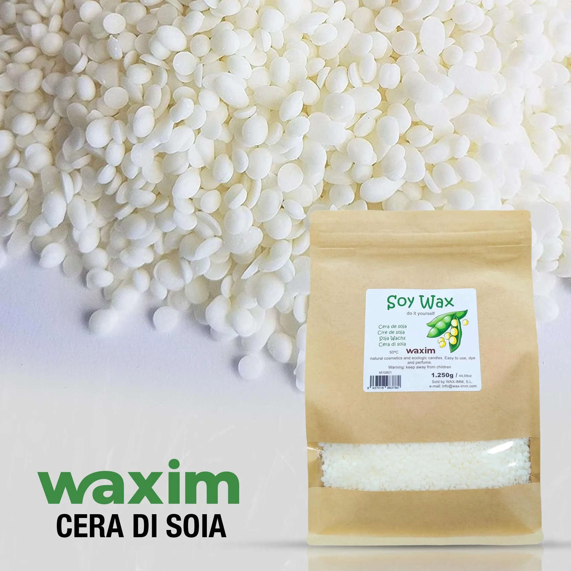 Cera di soia WAXIM per candele in perle | Cera di soia naturale, cera per realizzare candele fatte in casa e profumate 1250 g | A base vegetale in contenitori | Fusione uniforme