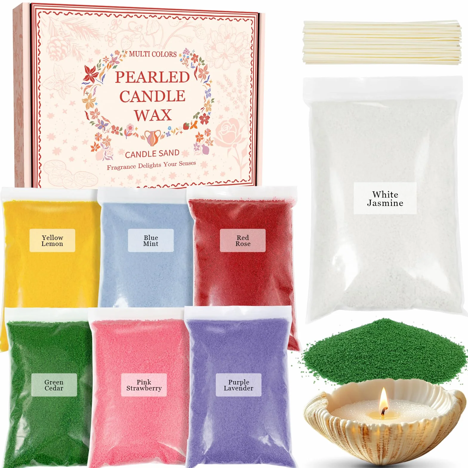 Scent-Hi Sabbia per Candele, Granuli di Cera per Candele, 7 Profumo, 1.1kg, 20 Stoppini, Granulato di Cera per Candele Fai da te - Gelsomino, Lavanda, Rosa, Cedro, Fragola, Limone, Menta